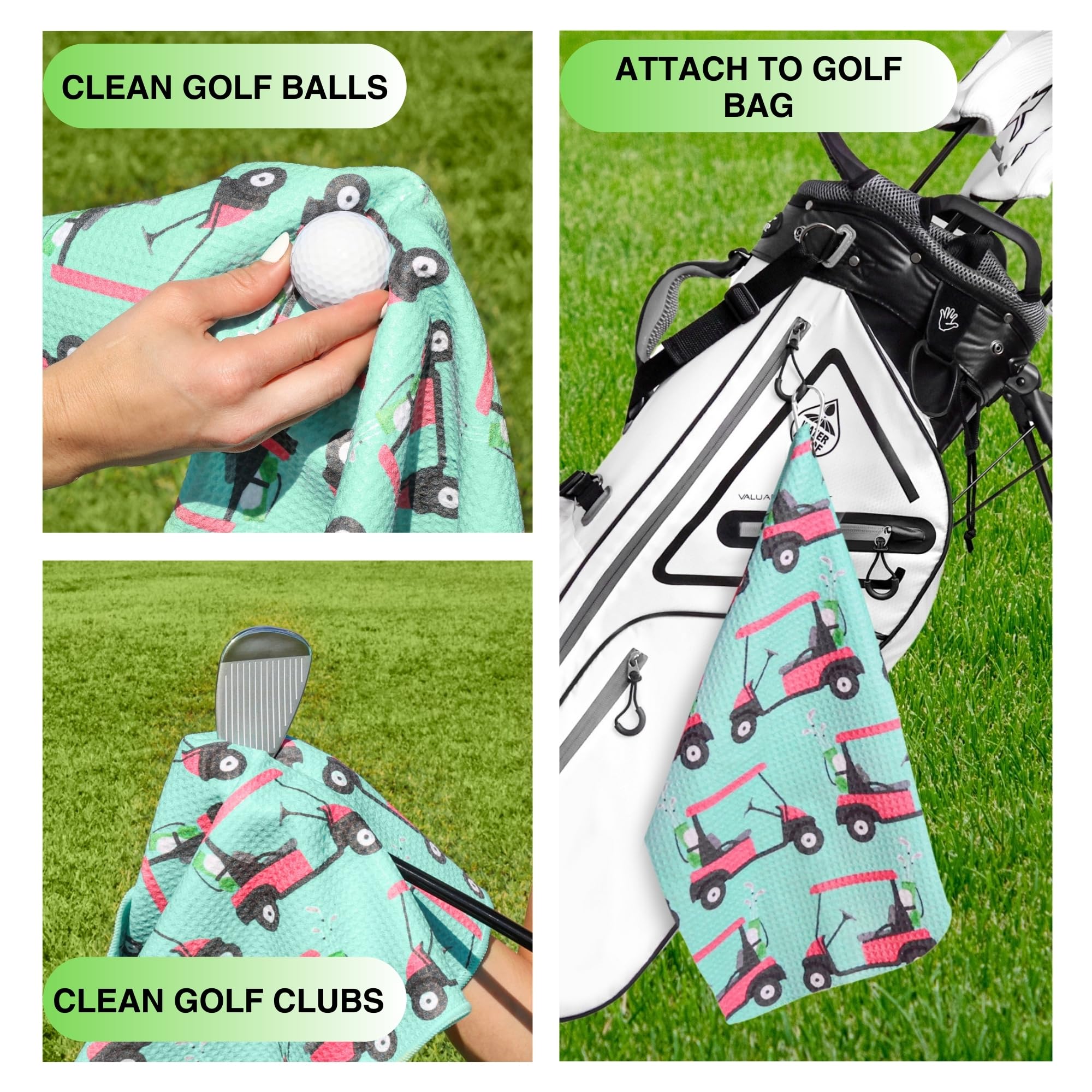 Playing It Forward Golf Cart Fun Golf Towel with Clip for Women and Men  Microfiber Waffle and Ball Towels  Set of 2