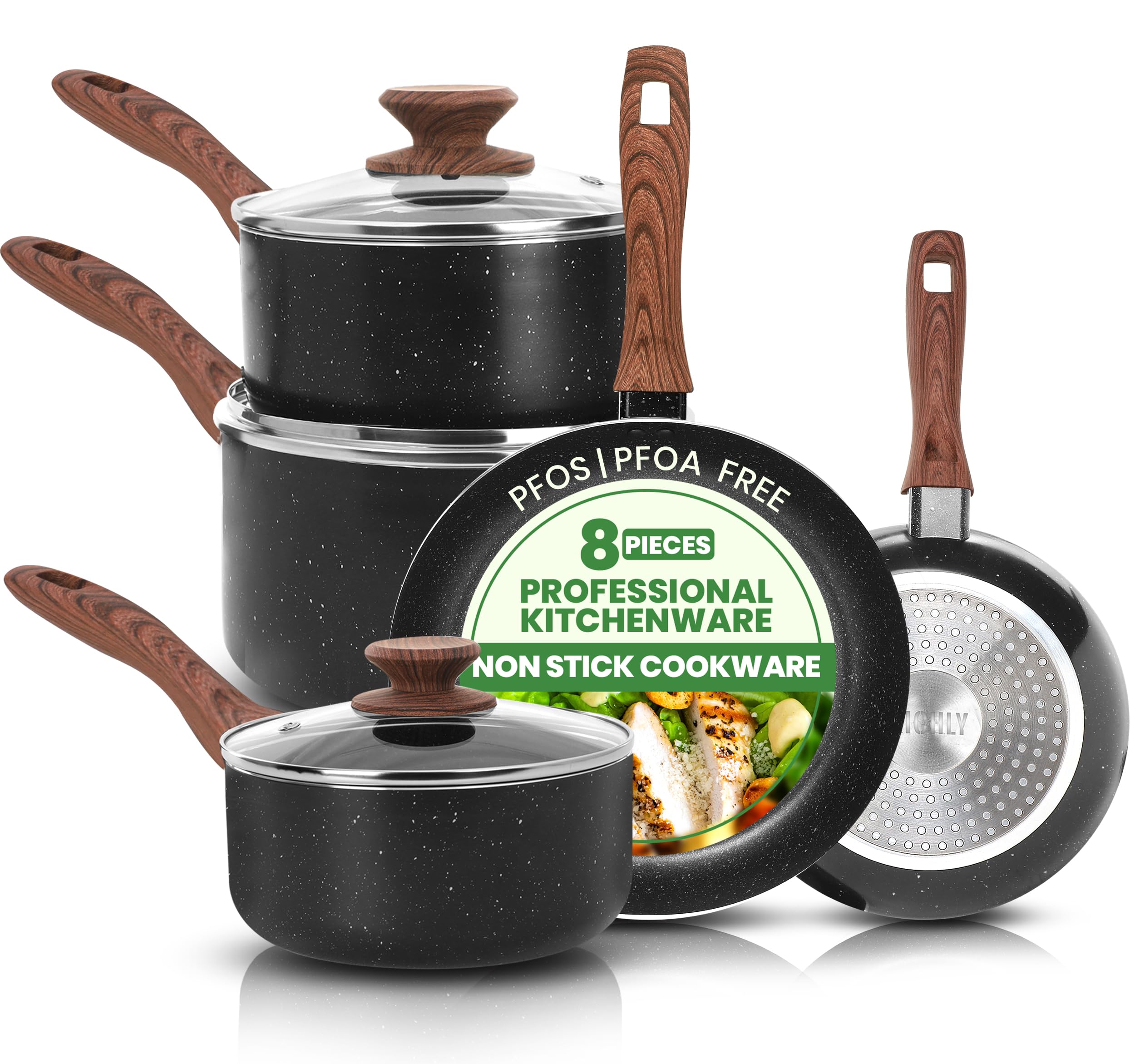 KICHLY Granite Pots and Pans Cookware Set 8 Piece PFOAFree