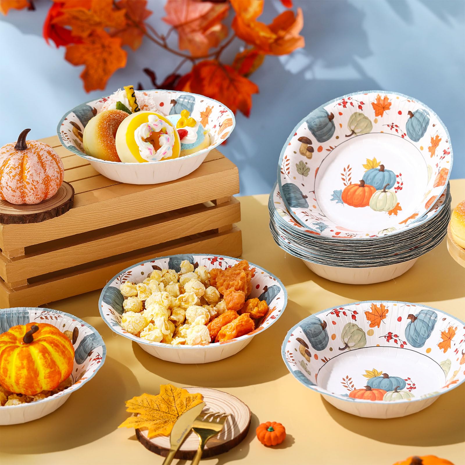 Sliner 50 Pcs 16 oz Thanksgiving Paper Bowl Pumpkin Autumn Maple Leaves Disposable Fall Thanksgiving Soup Bowl for Holiday Party