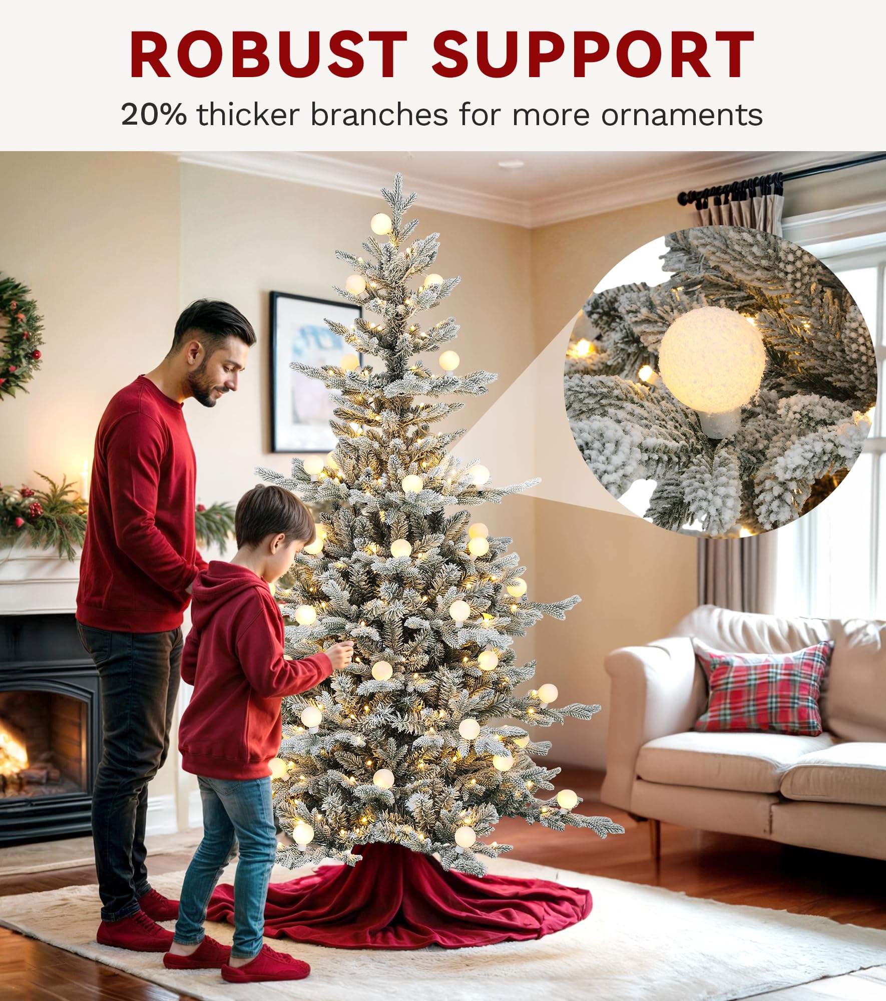 DWVO 6ft Prelit Flocked Christmas Tree with Bulbs and Lights, Full Arctic Fir Artificial Xmas Tree with 1336 Metal Hinged PE & P