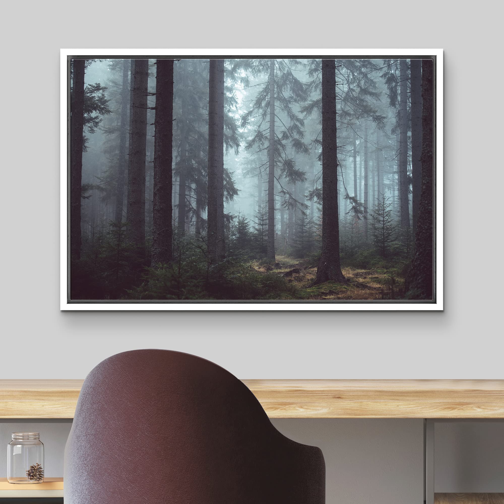 wall26 Framed Canvas Print Wall Art Pine Tree Forest in The Mist Nature Wilderness Photography Modern Art Rustic Scenic Colorful Multicolor for Living Room  Bedroom  Office - 16''x24'' White