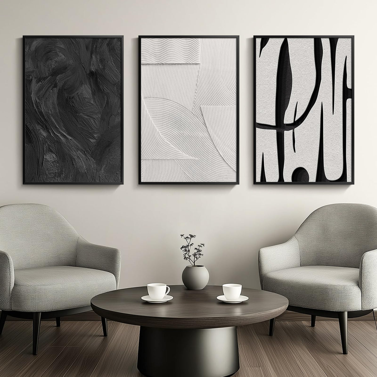Framed Black And White Abstract Canvas Wall Art, 3 Piece Large Minimalist Prints Wall Paintings, Modern Artwork For Walls, Pictu