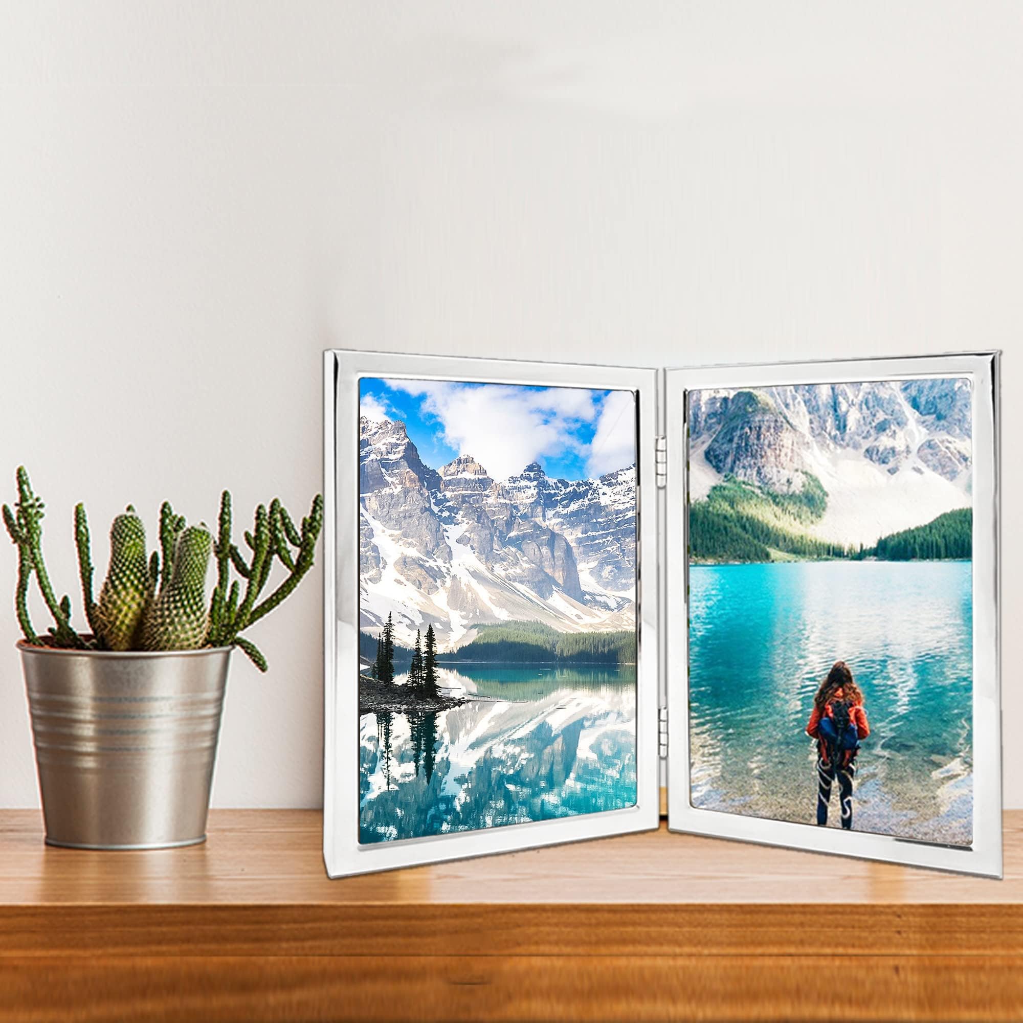 3.5x5 Picture Frame Double Hinged Silver Metal Thin Edge Frame with High Definition Glass Front Folding Frames Stand Vertically