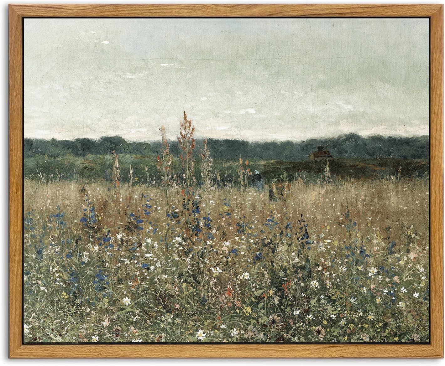 Kbkbart Framed Canvas Print Wall Art, Vintage Wall Art Wildflower Field Vintage Print, Neutral Country Meadow Landscape Nature P