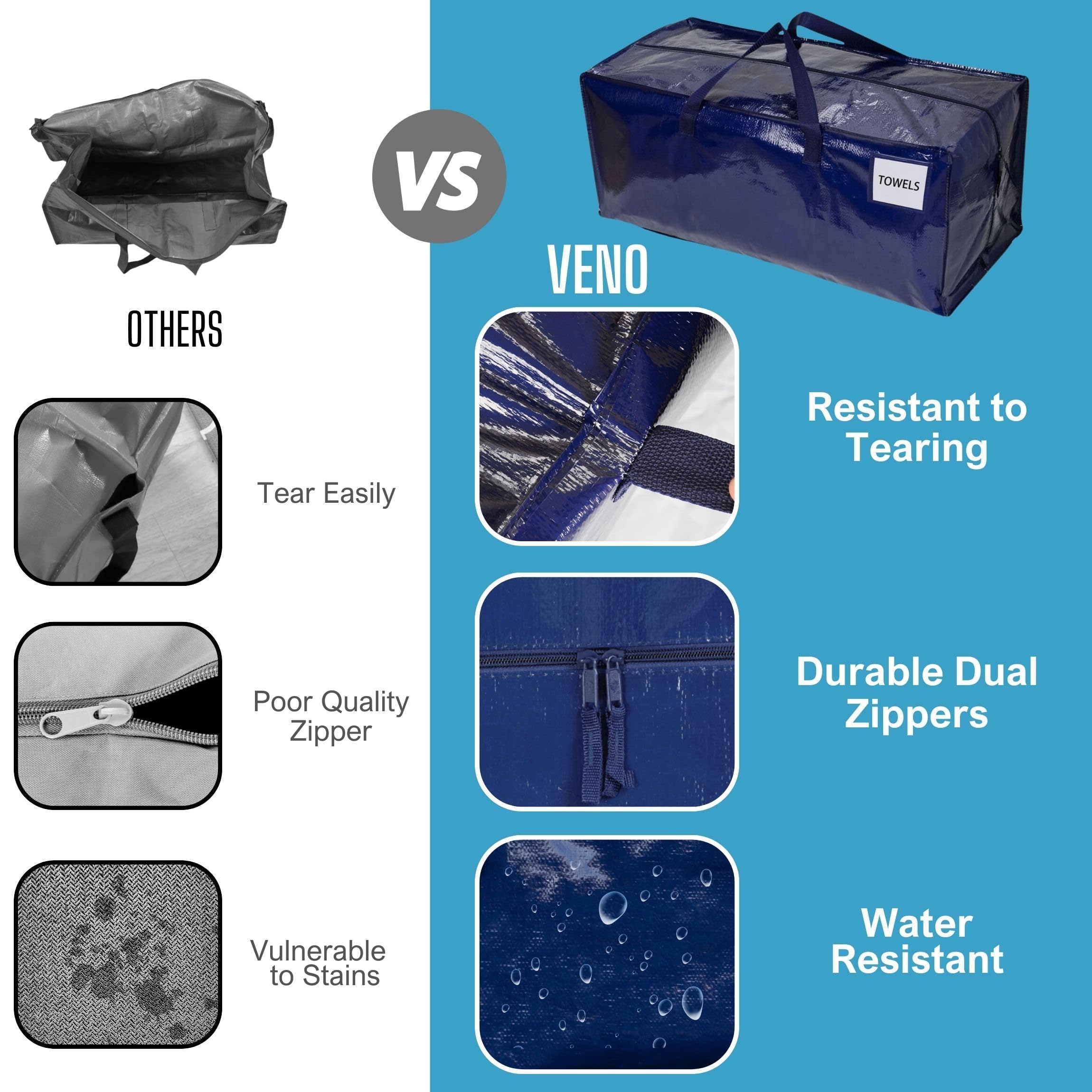 VENO 4 Pack Heavy Duty Extra Large Moving Bags WBackpack Straps Strong Handles & Zippers  Storage Totes For Space Saving  Fold Flat  Alternative to Moving Box (Blue  4 Pack)