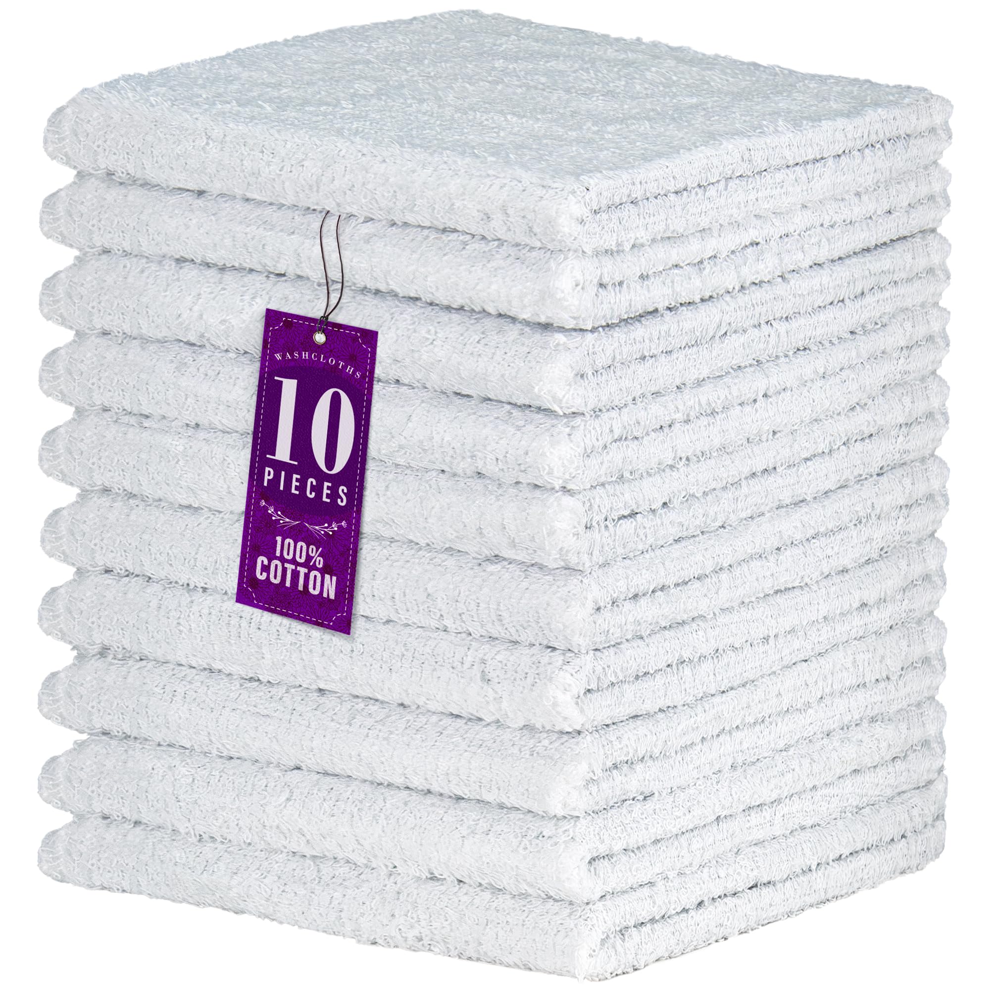 Decorrack 10 Pack 100% Cotton Wash Cloth, Luxurious Soft, 12 X 12 Inch Ultra Absorbent, Machine Washable Washcloths, White (10 P