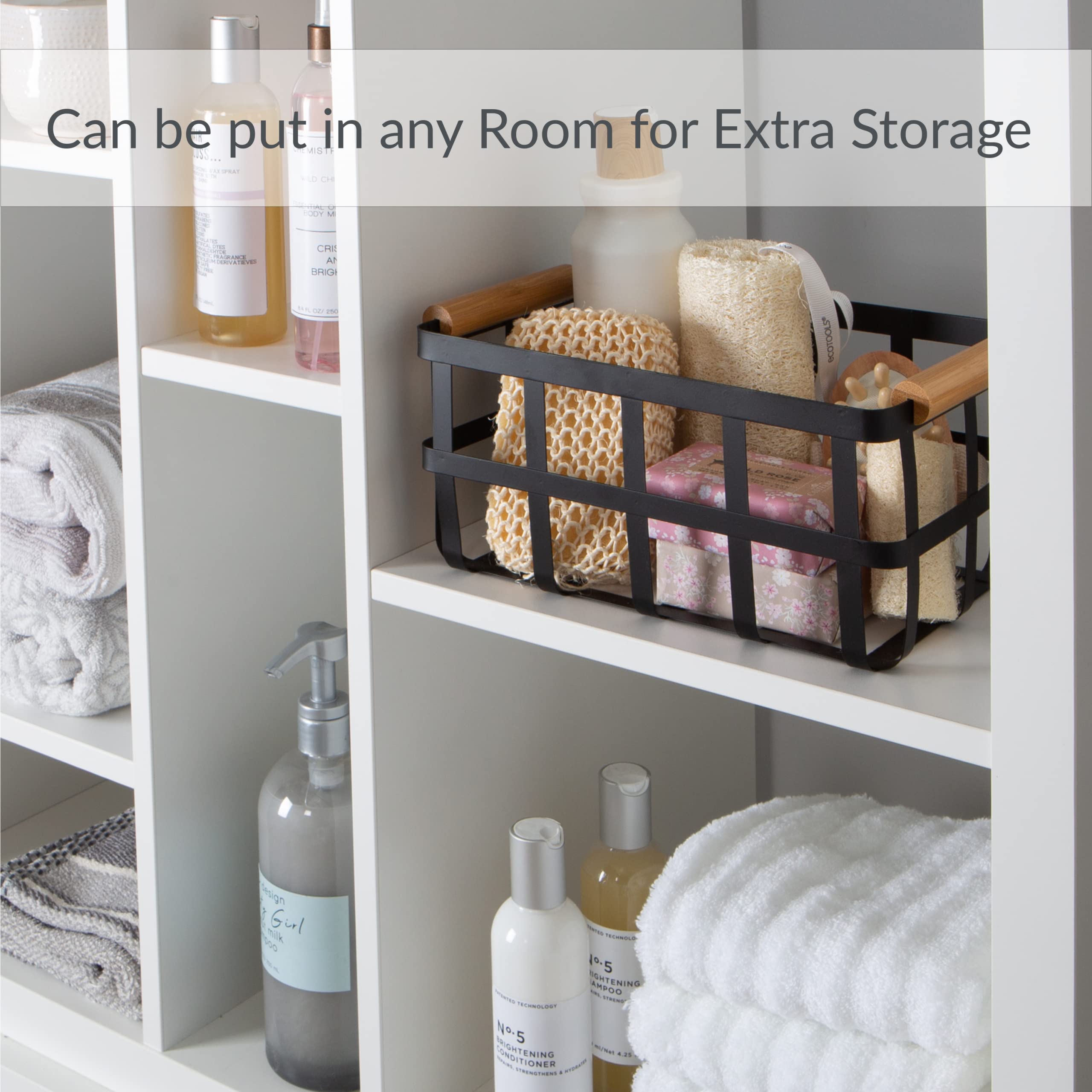 Simplify Rectangular Metal Storage Basket With Bamboo Handles | Large | Farmhouse Style Wire Basket | Home Organizer | Decorativ