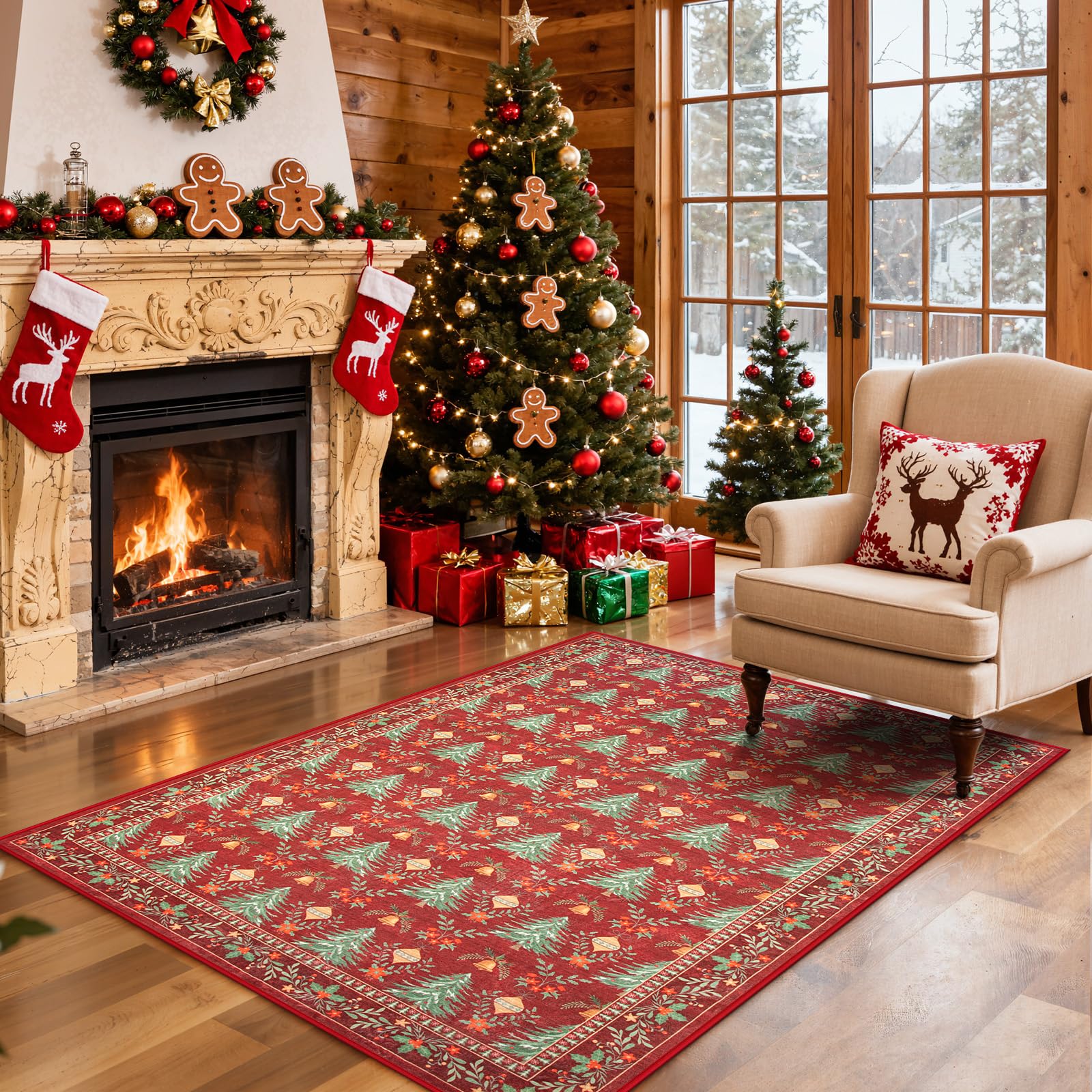 Yuemasi 3x5 Christmas Rug, Washable Red Christmas Rugs for Living Room Non Slip, Xmas Tree Pattern Print Throw Carpet for Bedroo