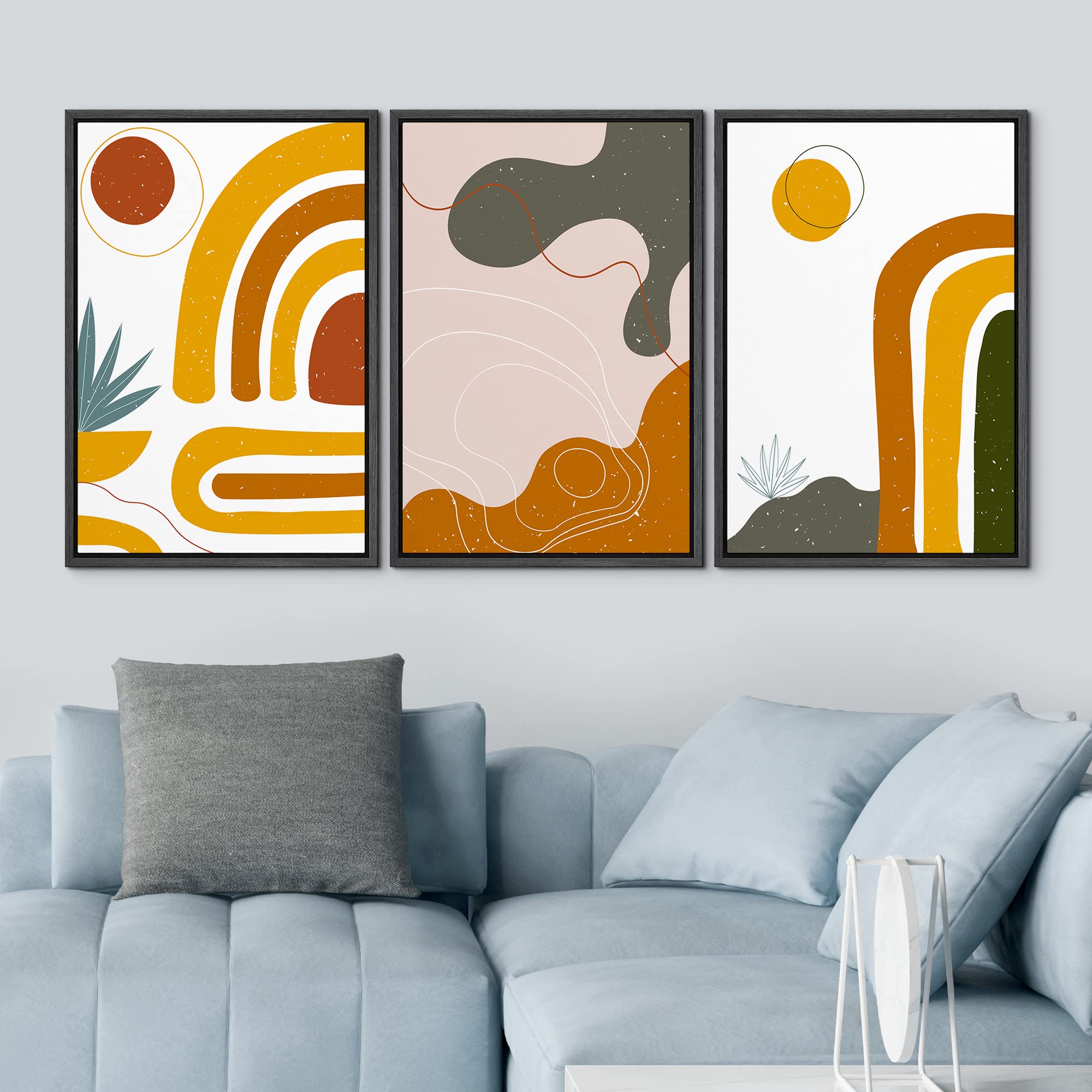 Idea4Wall Framed Wall Art Print Set Red & Orange Arcs With Abstract Shapes Geometric Flower Illustrations Modern Art Rustic Colo