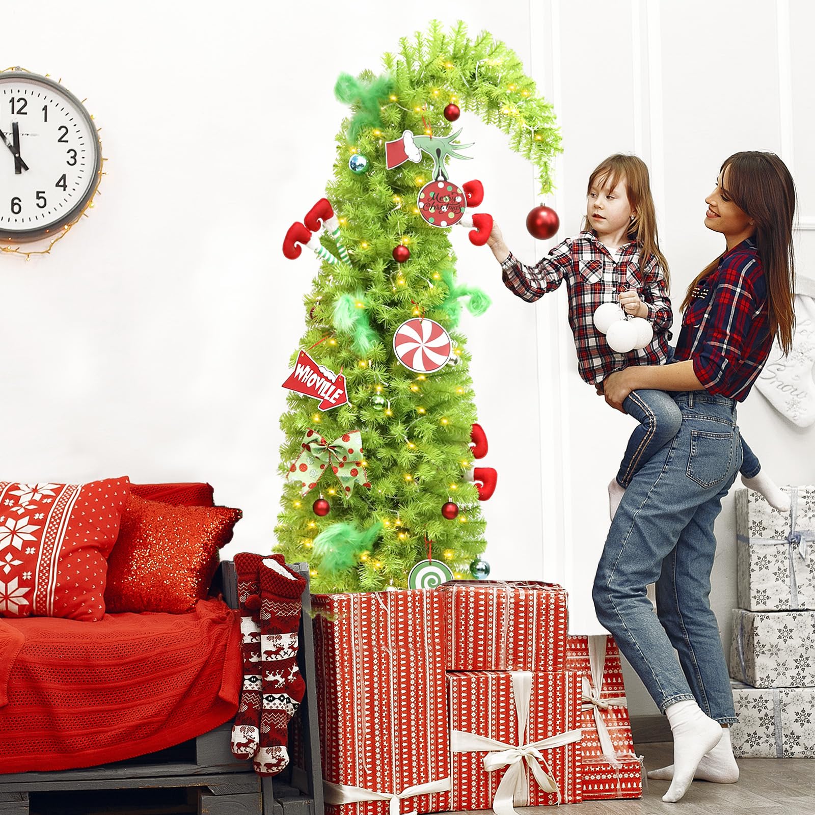 HMASYO 6ft Whimsical Artificial Christmas Tree with 150 LED Timer Lights, Lime Green Bendable Christmas Tree with Ball Ornaments