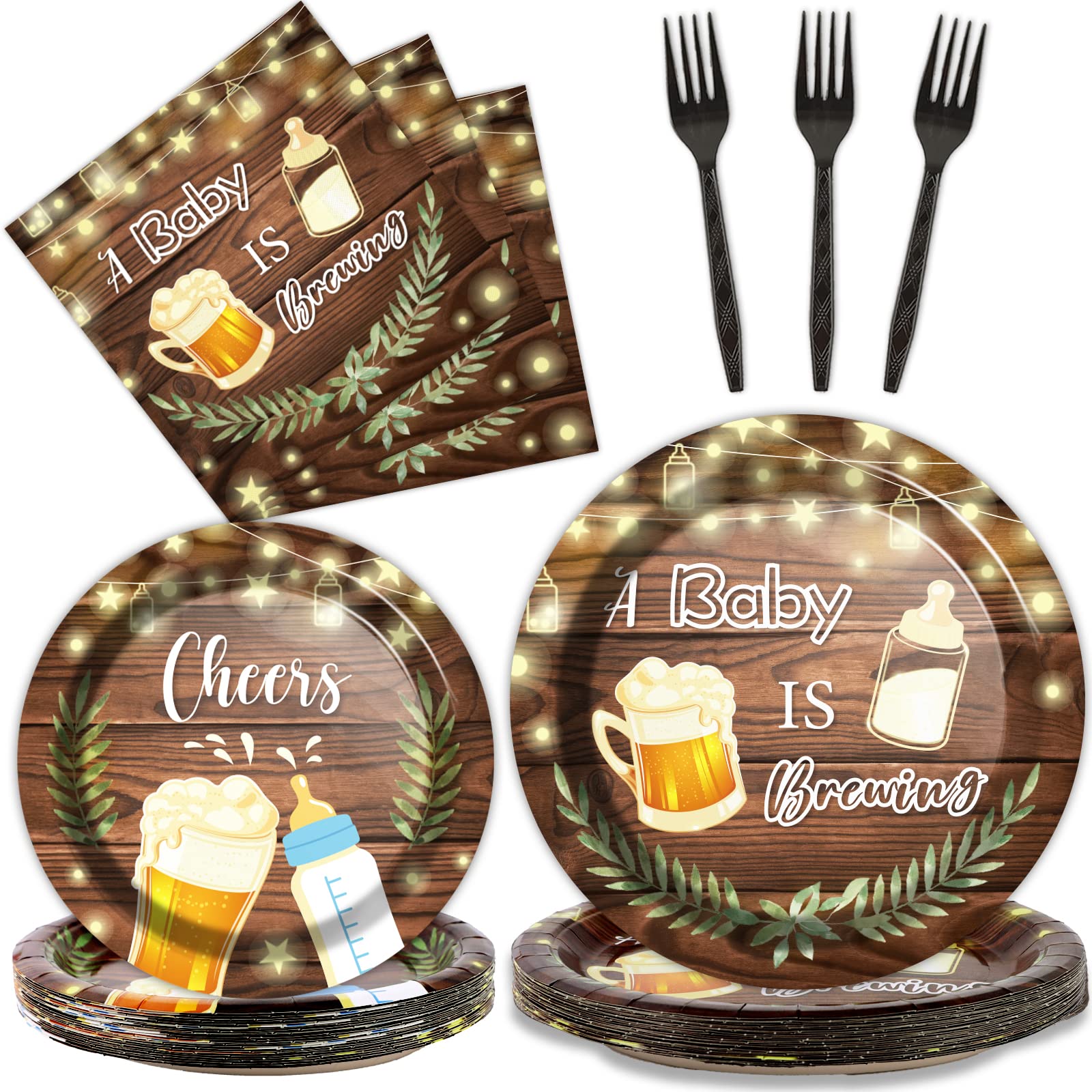 96Pcs A Baby Is Brewing Baby Shower Party Supplies Set Plates Napkins Tableware Kit For Birthday Party Paper Tableware Set Table