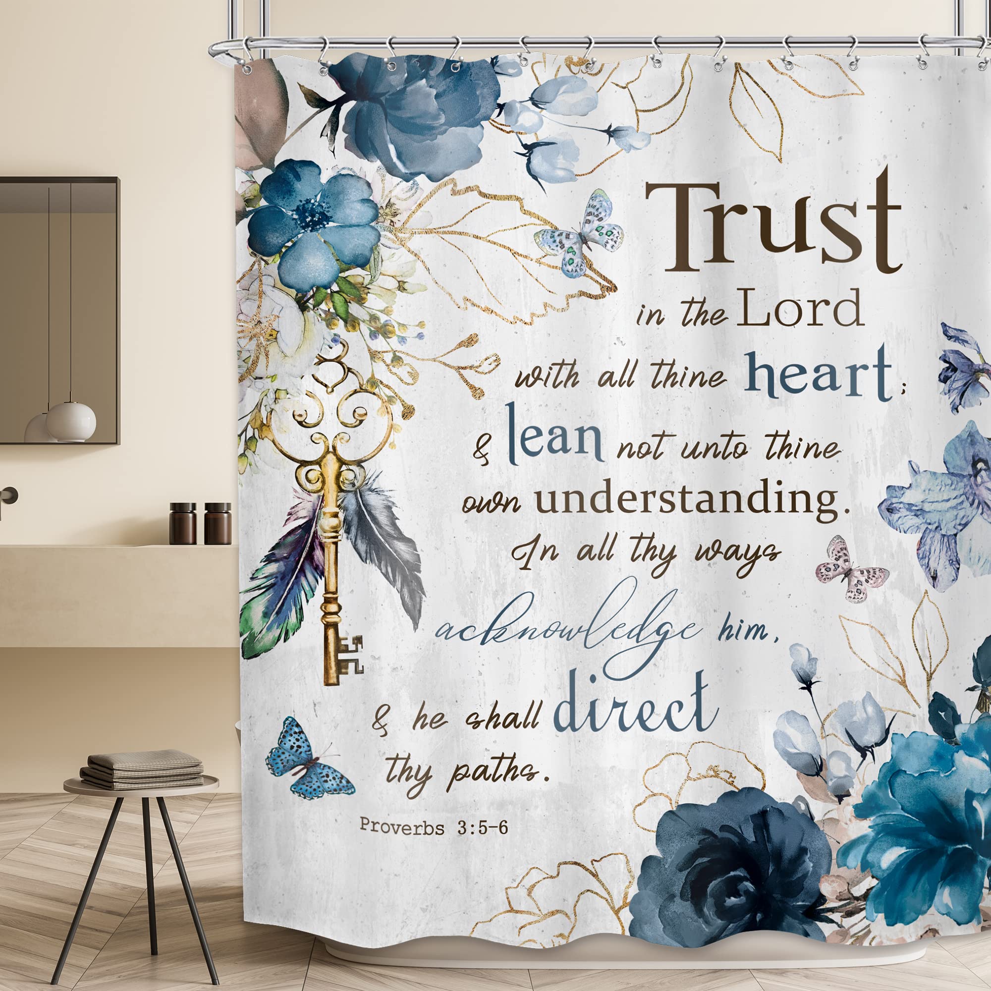 Meshelly Christian Shower Curtain 60Wx72H Bible Verse Rustic Farmhouse Teal Flower Bathroom Curtain Scriptures Floral Bath Curta