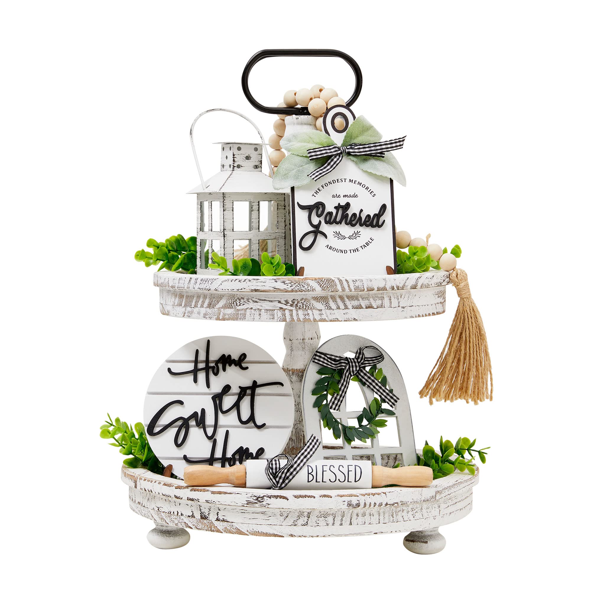 Houmury Set of 16 Farmhouse Tiered Tray Decor with 1 Lantern Artificial Plant& Cutting Board Sign for Rustic Home Kitchen Decor 