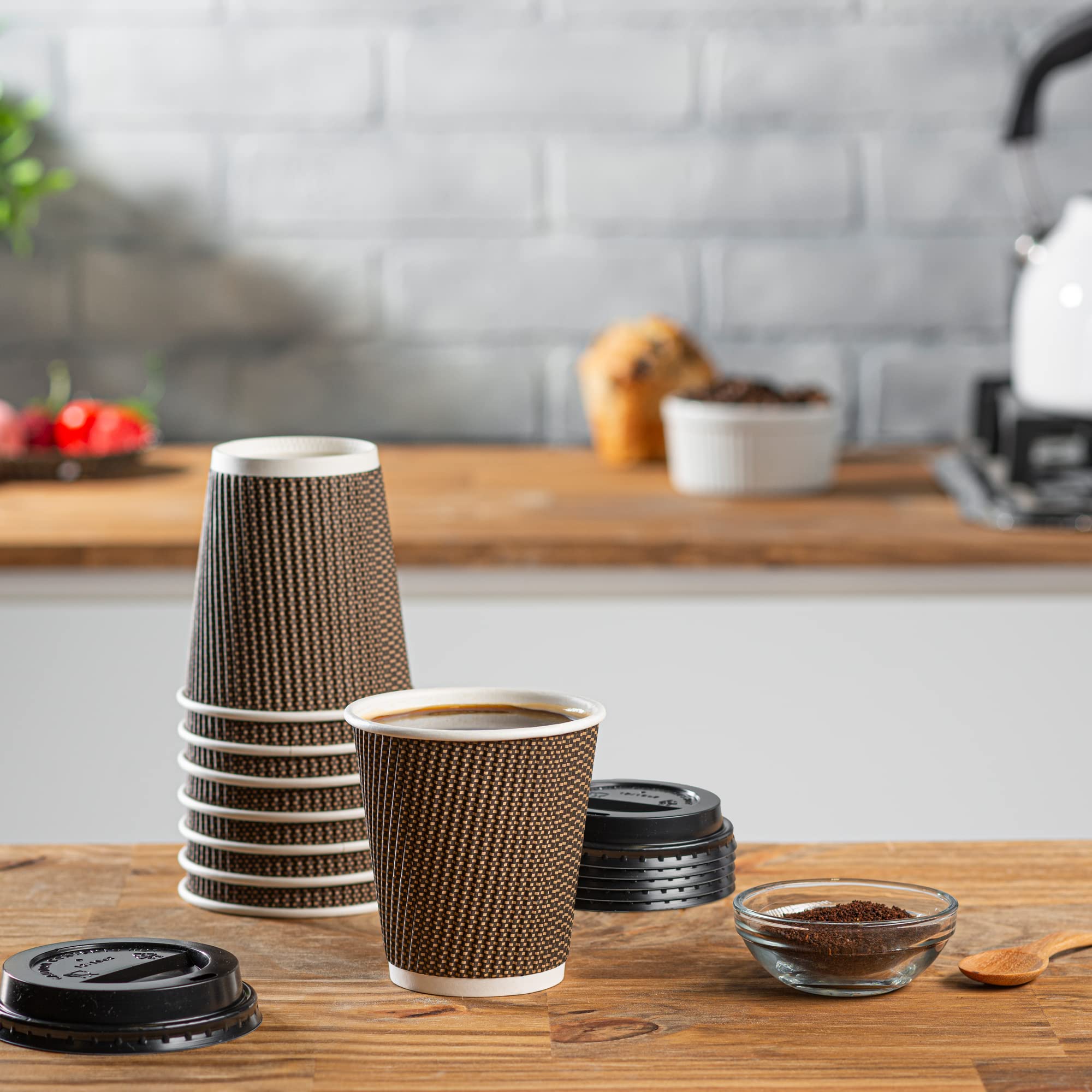 [50 Sets - 10 oz.] Insulated Brown Patterned Ripple Paper Hot Coffee Cups With Lids (Lids Color May Vary)