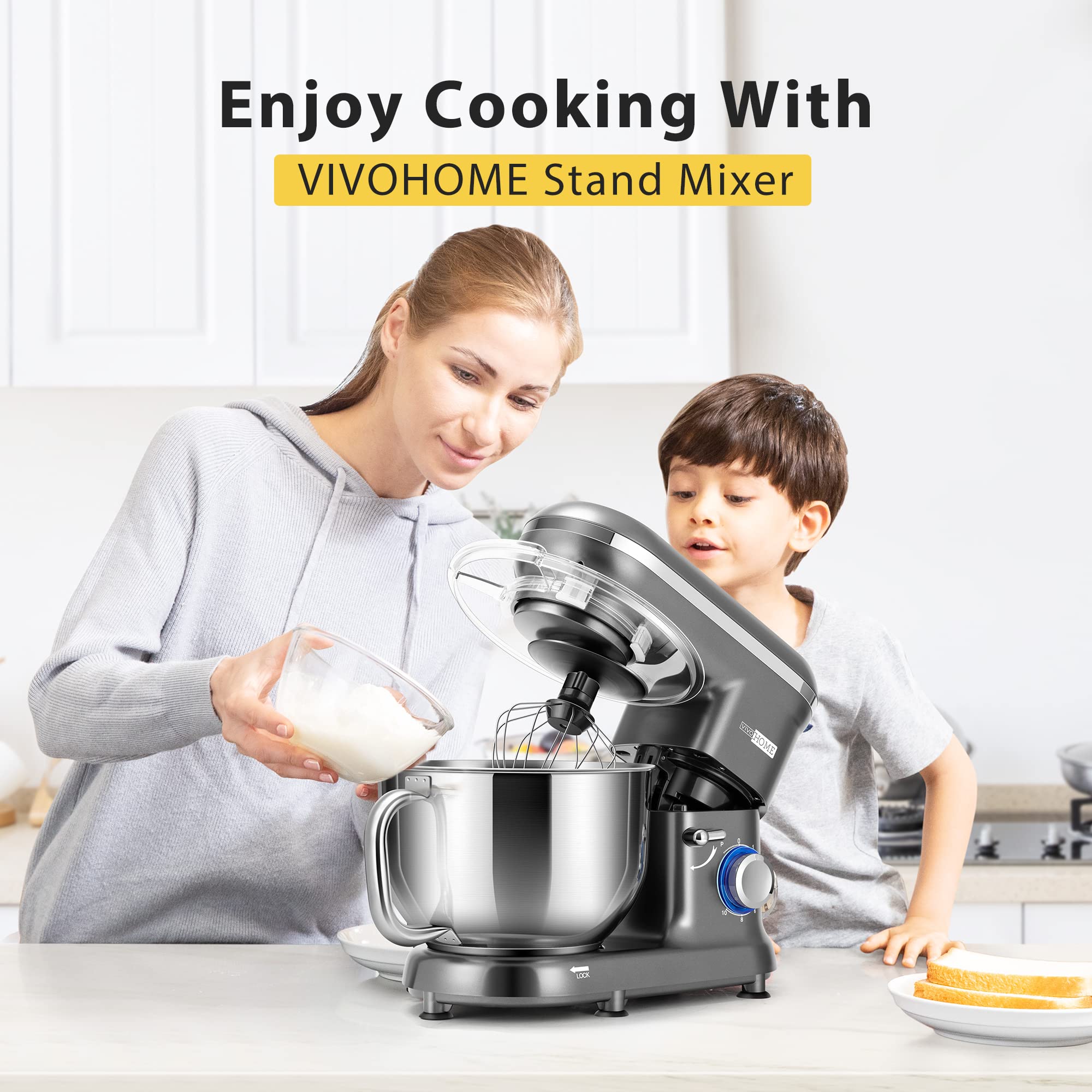 VIVOHOME 660W Stand Mixer, 10-Speed 6QT Electric Kitchen Mixer, Gray, Model VH291-GY with Beater, Dough Hook, Wire Whip, Egg Separator