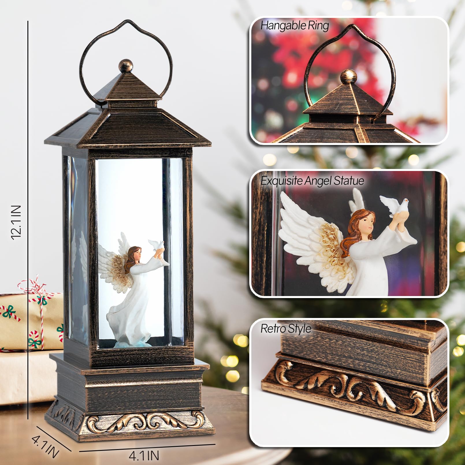 12 Christmas Snow Globe Lantern with Angel and Dove - Water Glittering LED Light Lantern with Music - Vintage Xmas Angel Gifts -