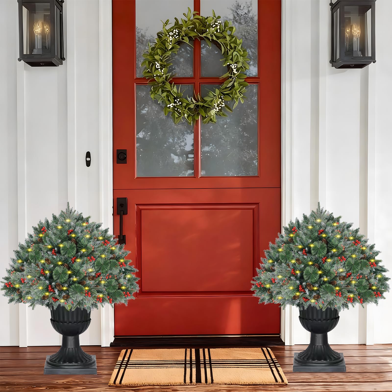 2 Pack 24Inch Prelit Christmas Trees,Outdoor Frosted Urn Fillers 150 Branches Battery Operated 50 LEDs Dual Color Change with Ti