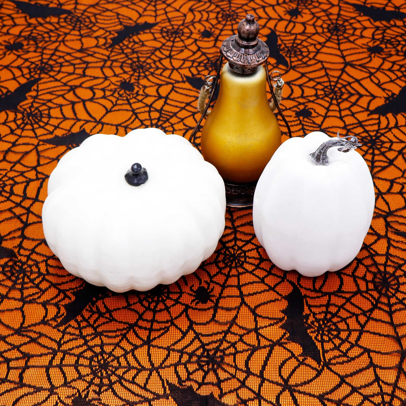 Ourwarm 2Pcs Halloween Tablecloth, Rectangular Polyester Black Lace & Orange Lined Tablecloth, Spider Web Table Cover For Scary