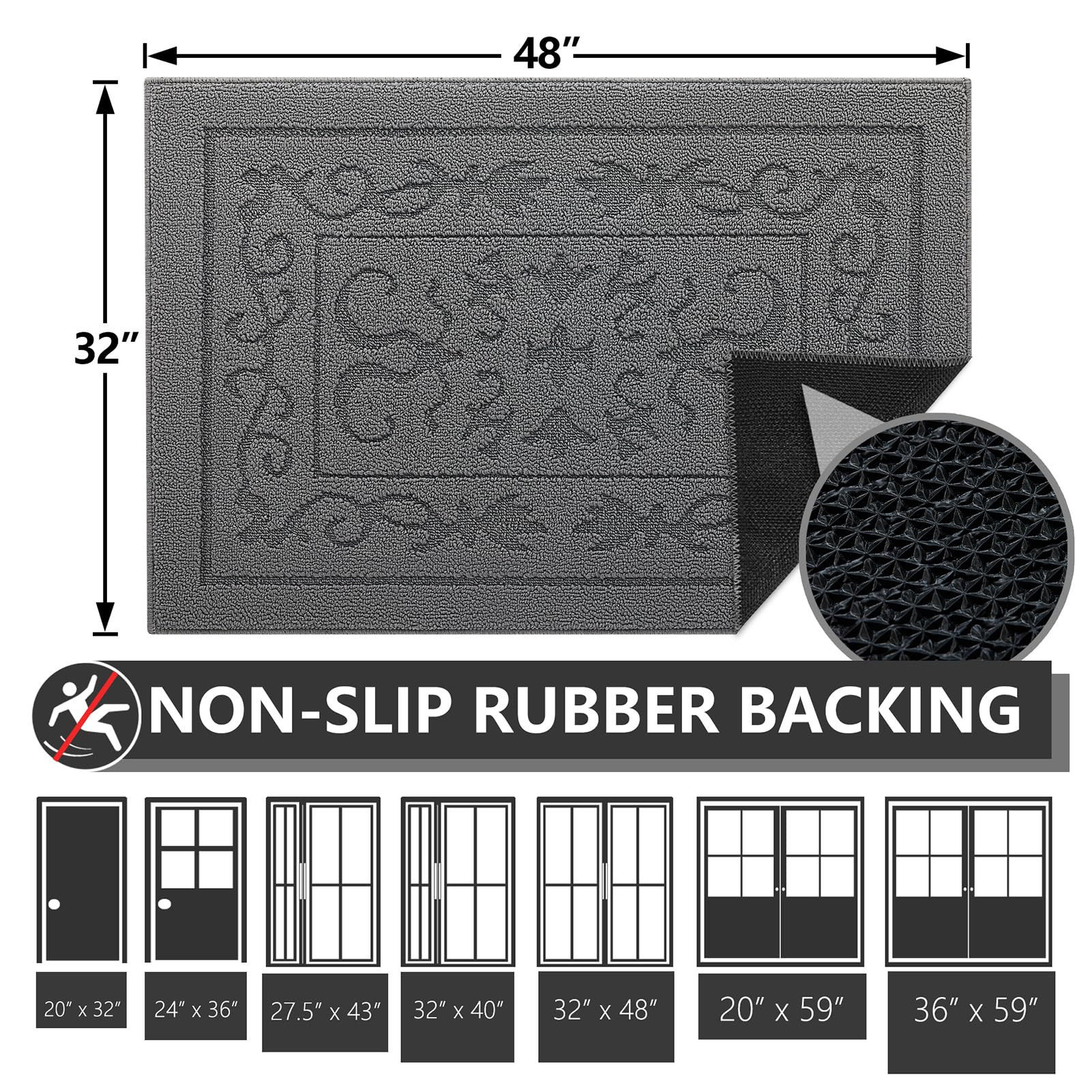 Foneyi Indoor Door Mat, Front Back Door Mat 32'' X 48'' Non-Slip Rubber Backing Door Rug, Machine Washable Entry Rug, Low Profil