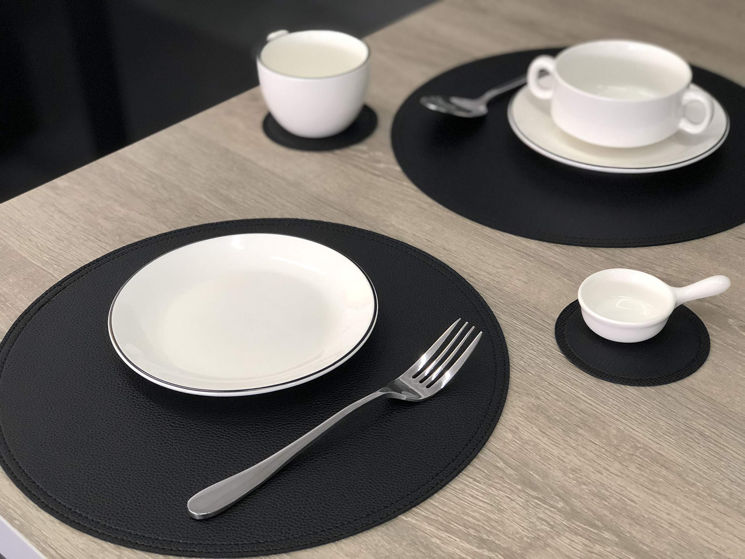 Faux Leather Round Placemats And Coasters, Disko Table Mats And Drink Spills Coasters, Easy To Clean, Double Stitched For Kitche
