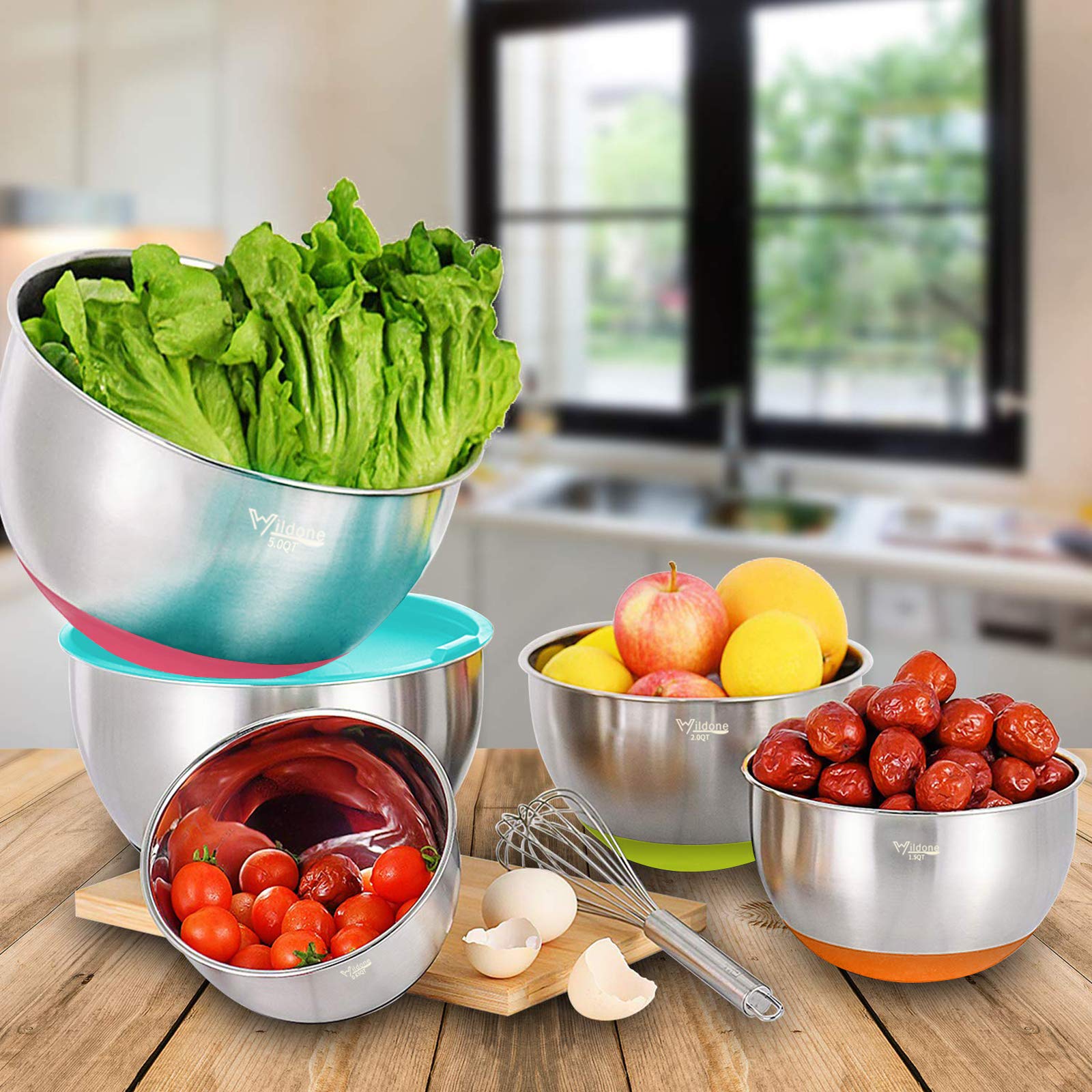 Wildone Mixing Bowls With Lids Set, 5Pcs Stainless Steel Colorful Nesting Bowls With 3 Grater Attachments, Measurement Marks & N