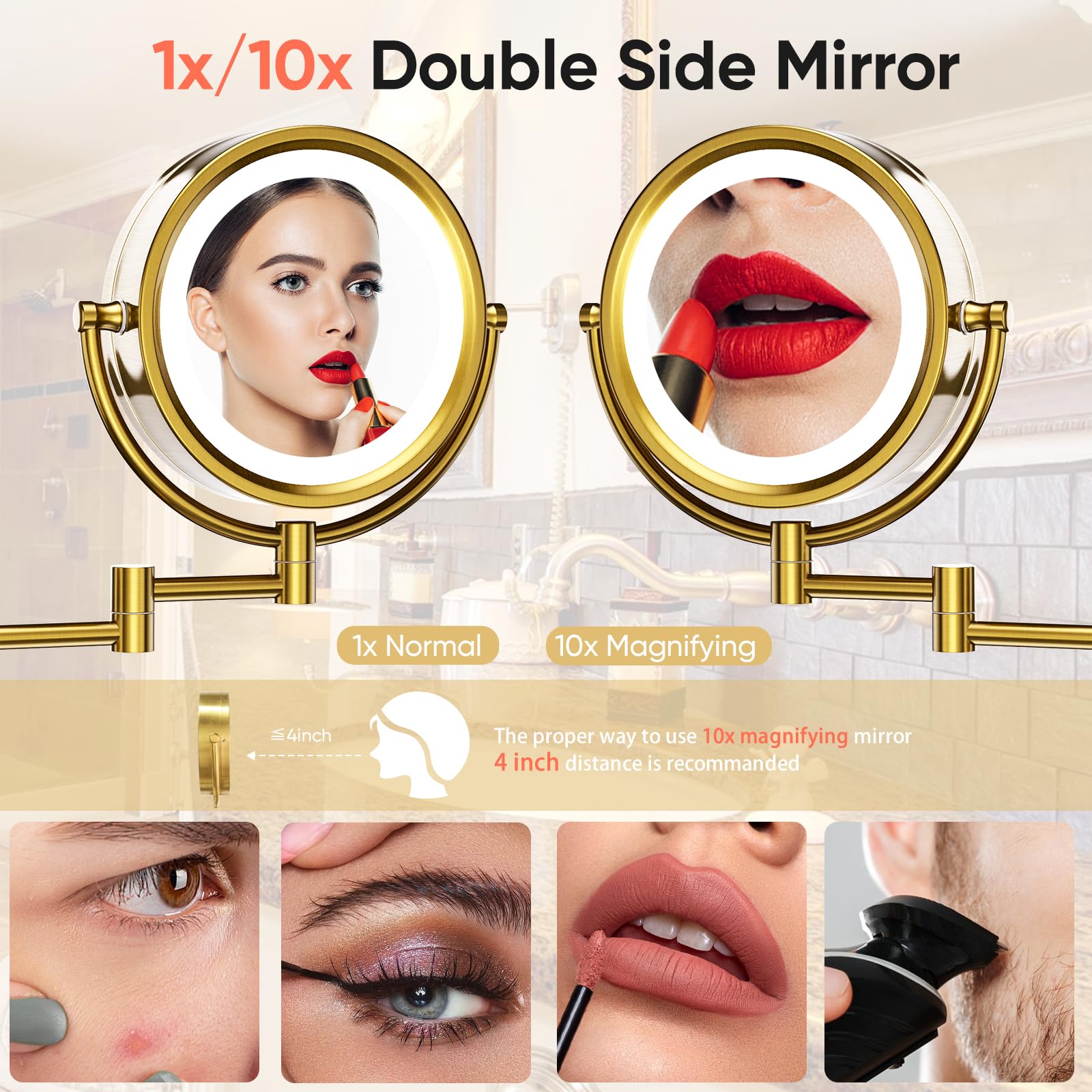 Gurun 8.5 Inch Magnifying Makeup Mirror With 3 Tones Dimmable Led Lights Double Sided Touch Control Wall Mounted Vanity Mirror F