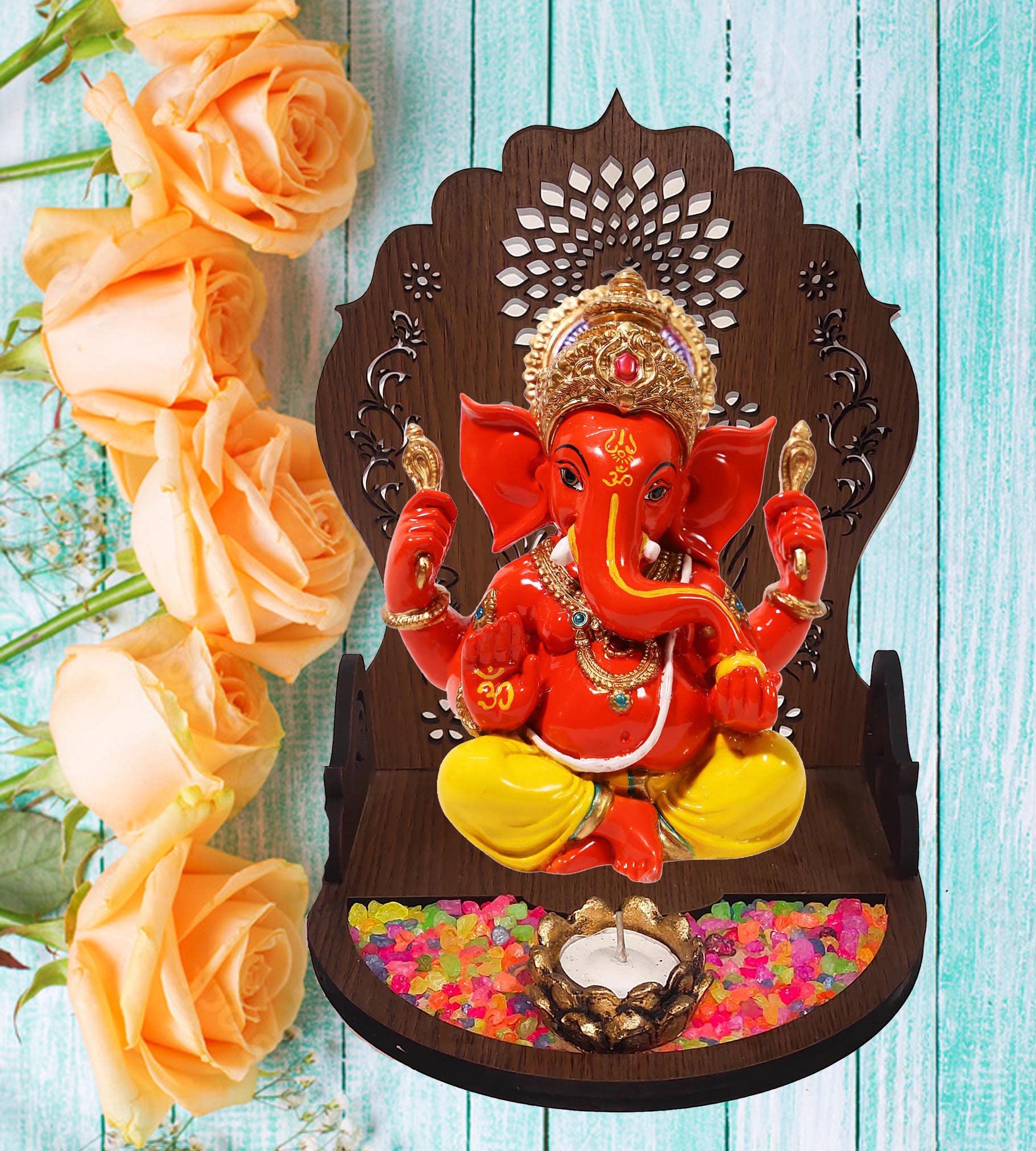 Sn Handicrafts God Ganesh/Ganpati/Lord Ganesha Idol - Statue Gift Item Showpiece With Wooden Mini Temple Natural Stones Lotus Te