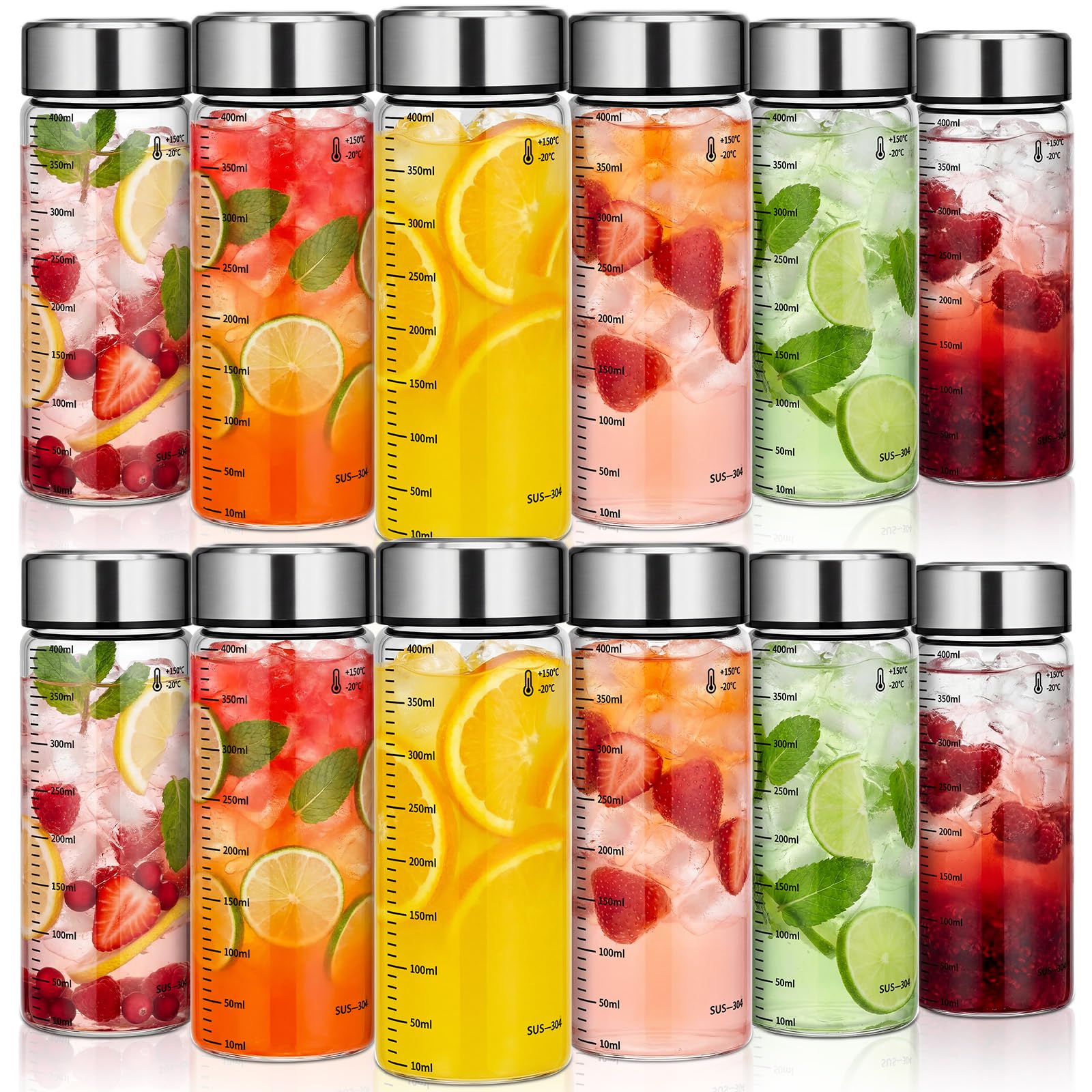 LemonRoad 12 Pack 13.5 oz Glass Juice Bottles Bulk Scale Wide Mouth Glass Water Bottle with Leakproof Stainless Steel Lids, Boro