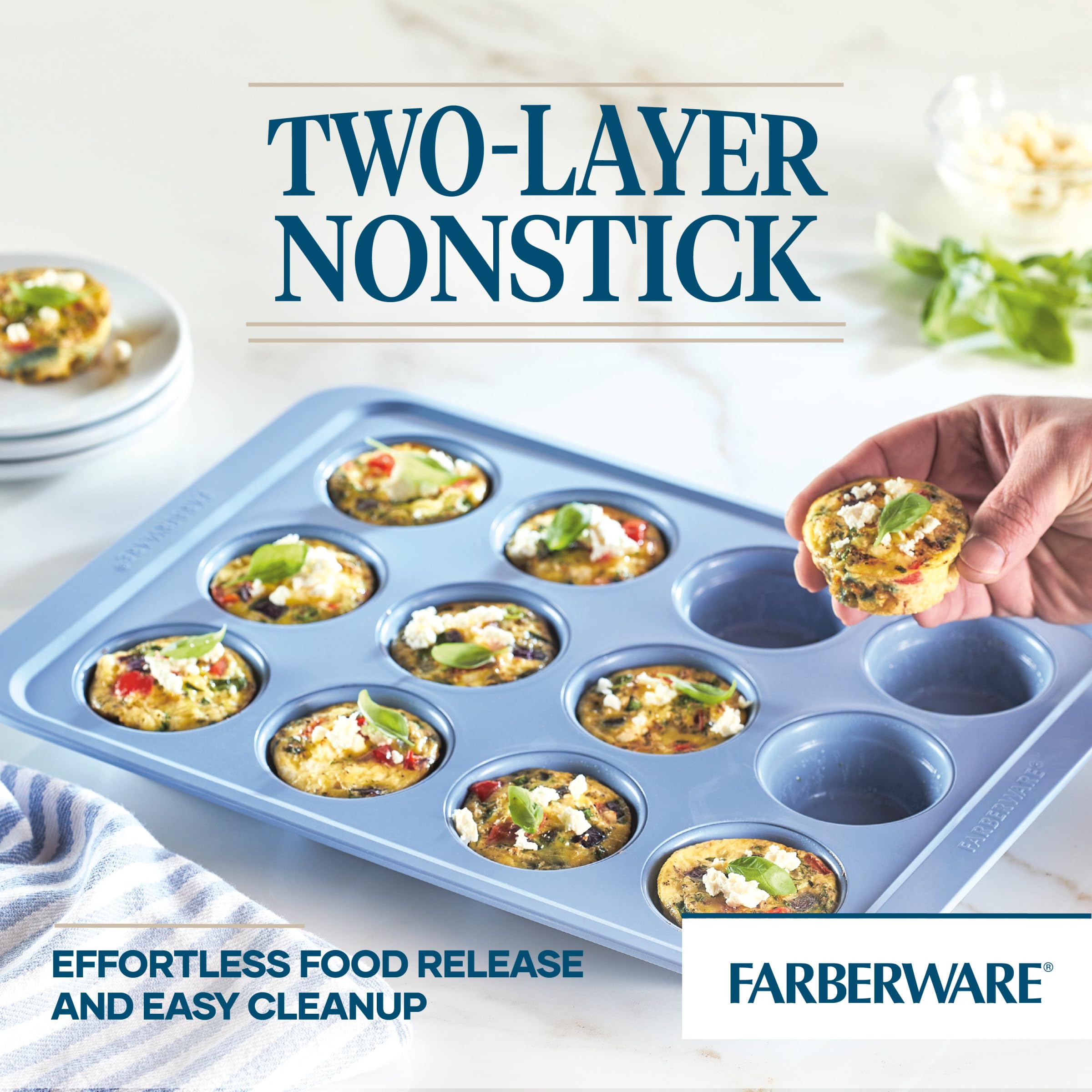 Farberware Muffin Pan, 12-Cup Nonstick Bakeware, Steel, Blue, Model 48793