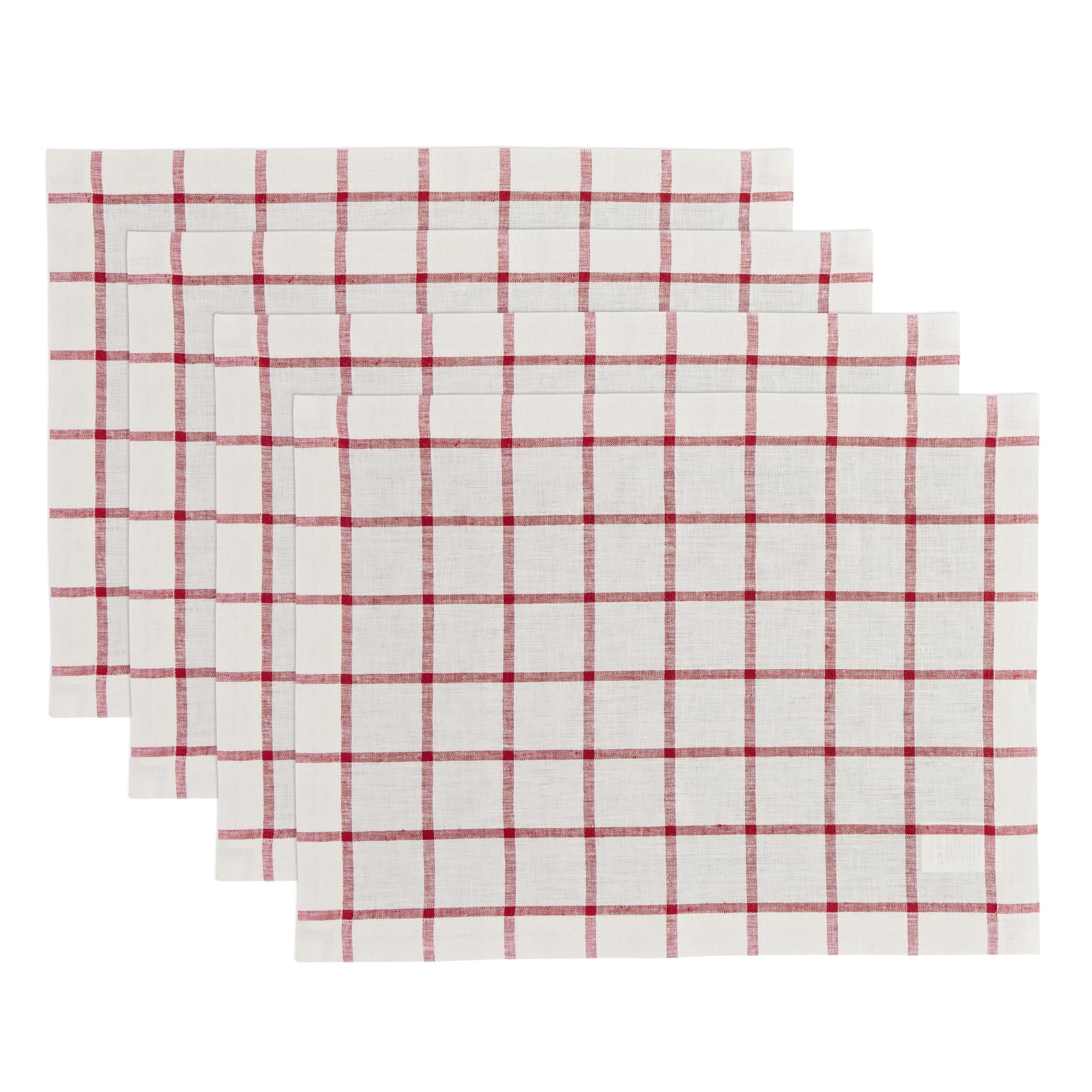 Solino Home Plaid Linen Placemats Set Of 4-100% Pure Linen Tofu And Red Check Placemats 19'' L X 14'' W Inch - Machine Washable