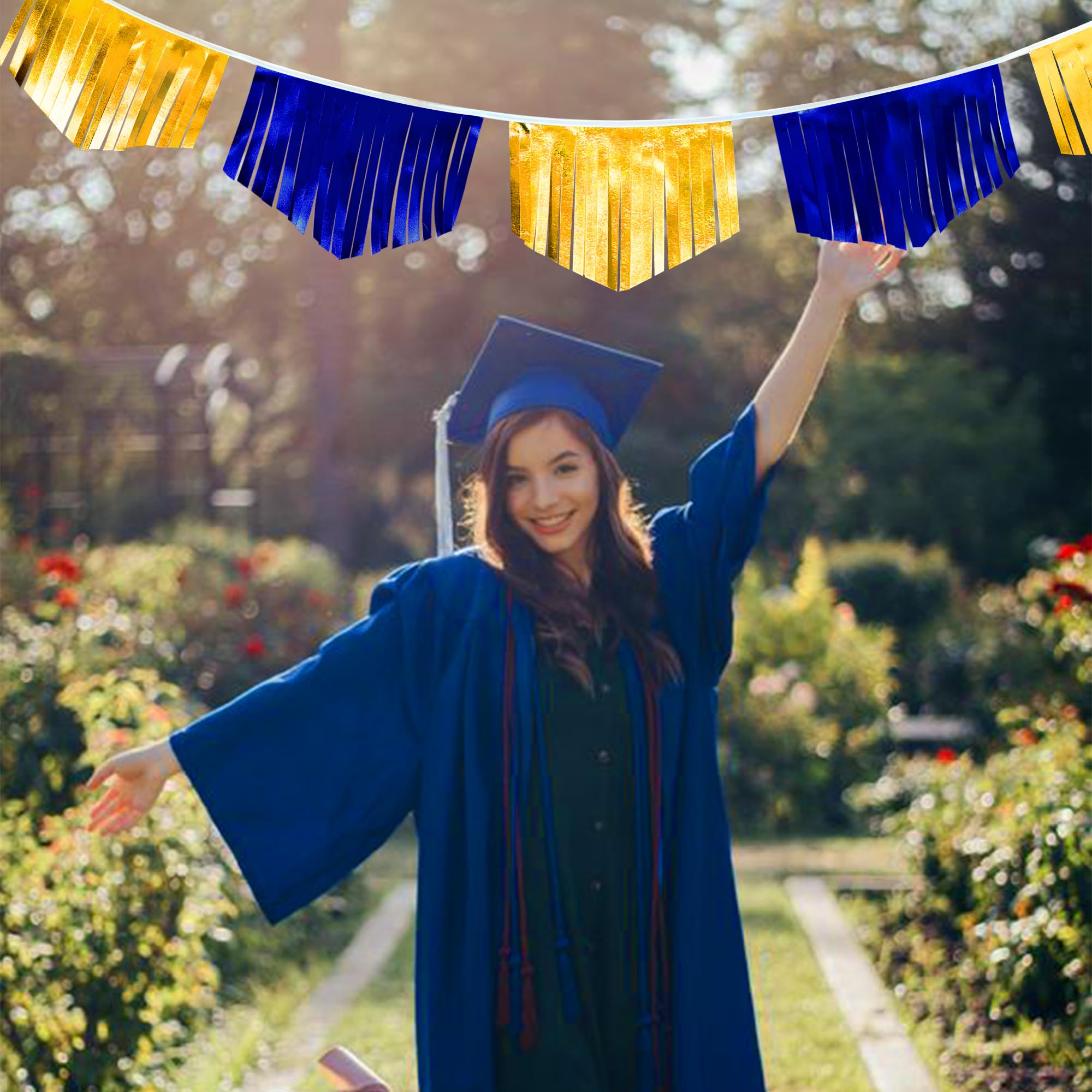 Royal Blue Gold Tassel Banner Metallic Fabric Pennant Bunting Flag For Graduation Retirement Bachelorette Birthday Engagement We