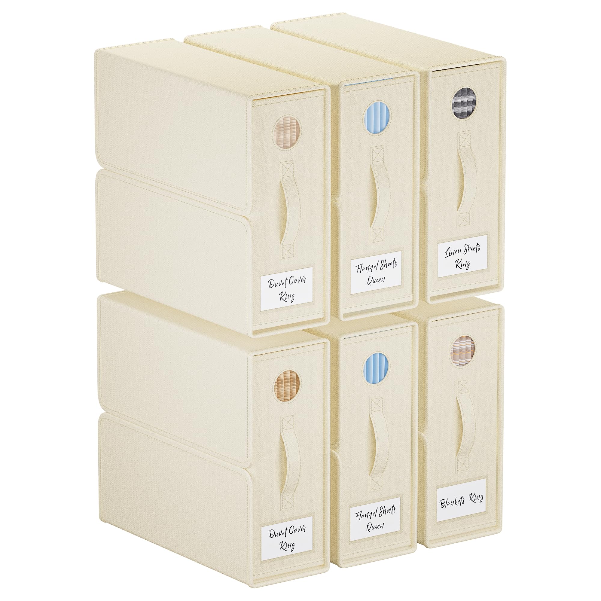 TRZZ Sheet Organizers and Storage, 6-Pack, Queen/King Size (Beige), Foldable Sheet Set Organizer, Fabric Storage Bins for Bed Sh