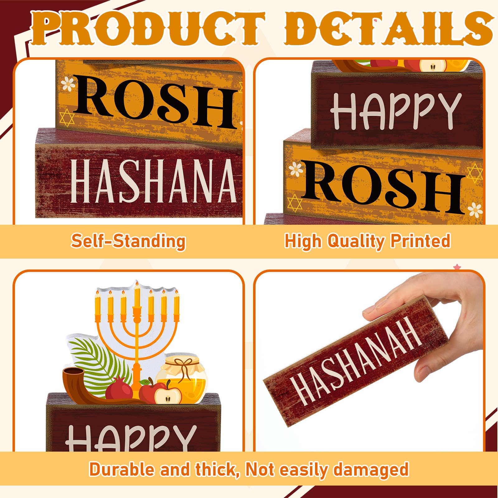 4 Pcs Rosh Hashanah Tables Decorations Happy Rosh Hashanah Wooden Tabletop Jewish New Year Party Decorations Rustic Block Center