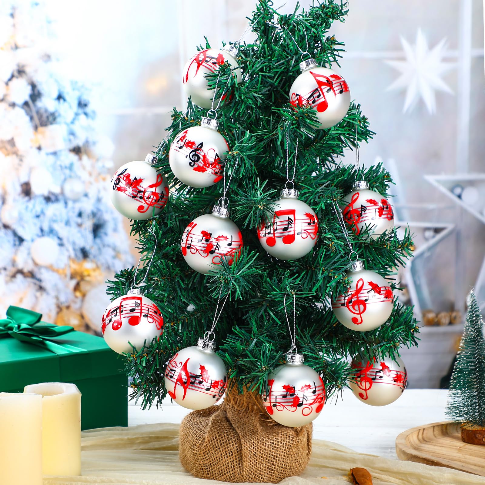 GlikCeil 12 Pcs White Musical Christmas Ornament for Tree 2.4'' Music Notes Balls Music Themed Hanging Ornaments Musical Notes C