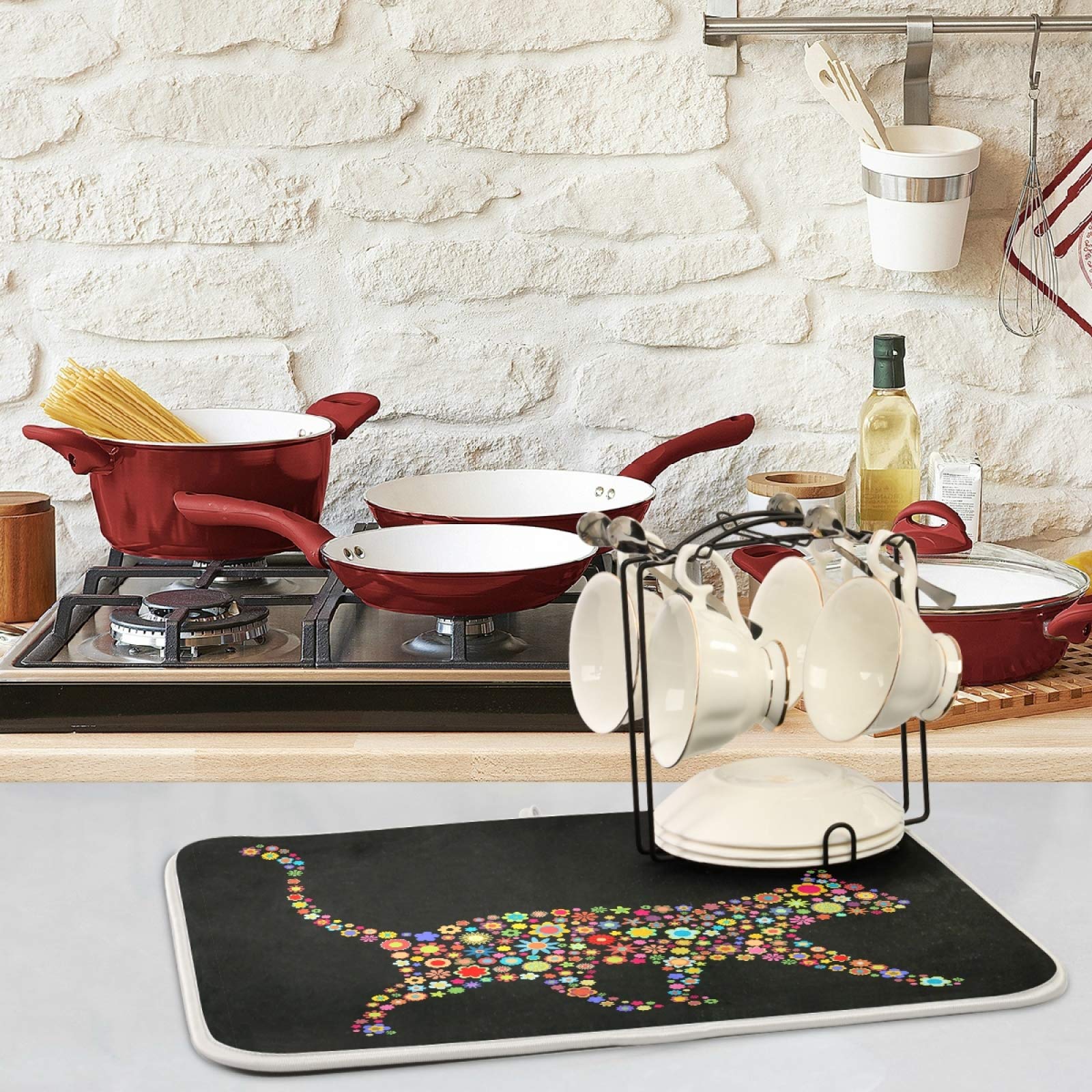 ZzWwR Microfiber Flower Cat Dish Drying Mat, 16"x18", Black, Multi-Purpose Kitchen Counter Protector