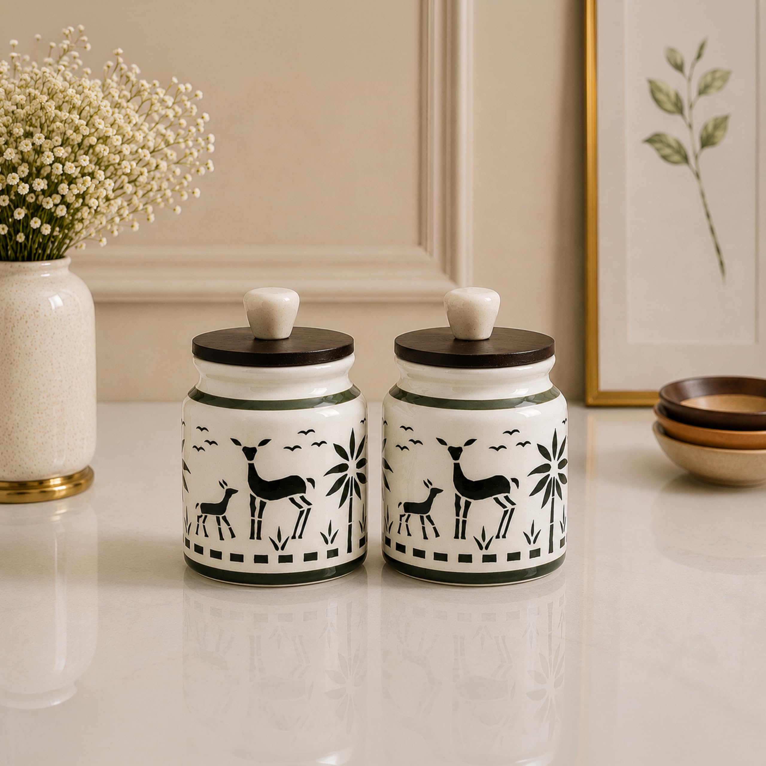 Craftshila Ceramic Kitchen Jars For Storage | Air Tight Containers With Wooden Lids | Masala, Salt, Pickle, Dry Fruits & Multi U