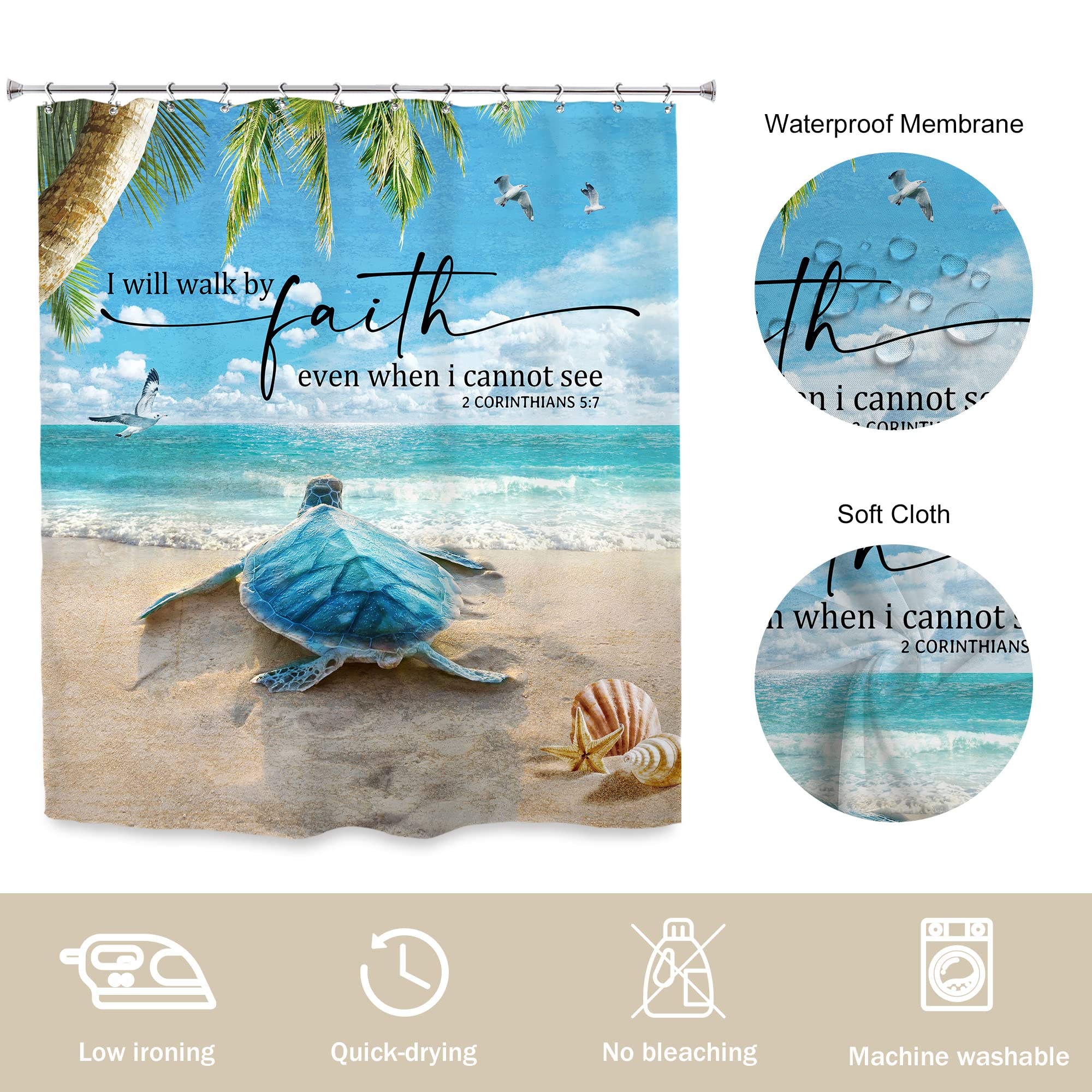 Newsely Beach Turtle Bible Verse Shower Curtain 60Wx72H Inch Rustic Blue Ocean Sea Turtle Animal Summer Coastal Scenery Bathroom