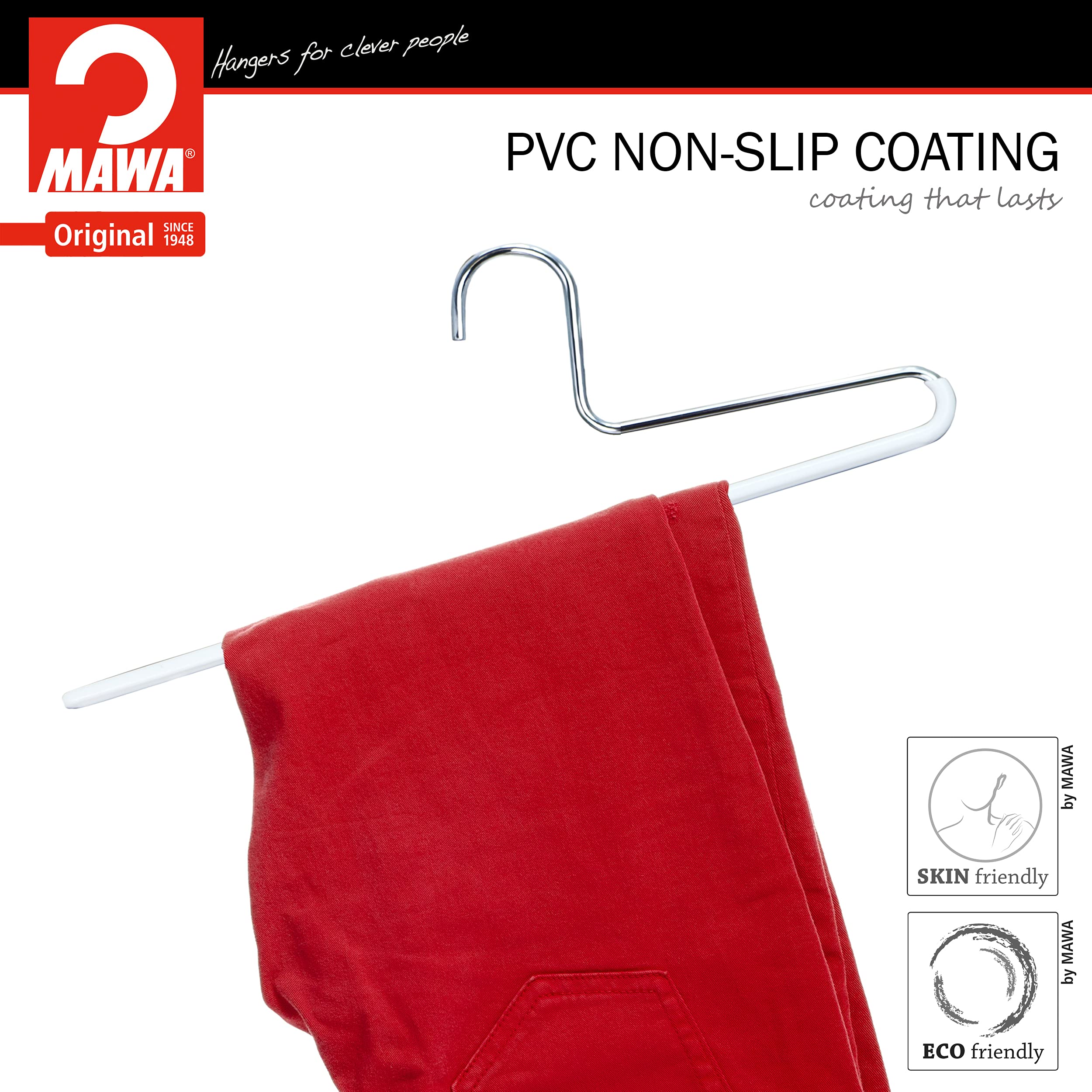Mawa By Reston Lloyd Trouser Series Non-Slip Space-Saving Clothes Hanger With Single Rod For Pants, Style Kh/1, Set Of 4, White