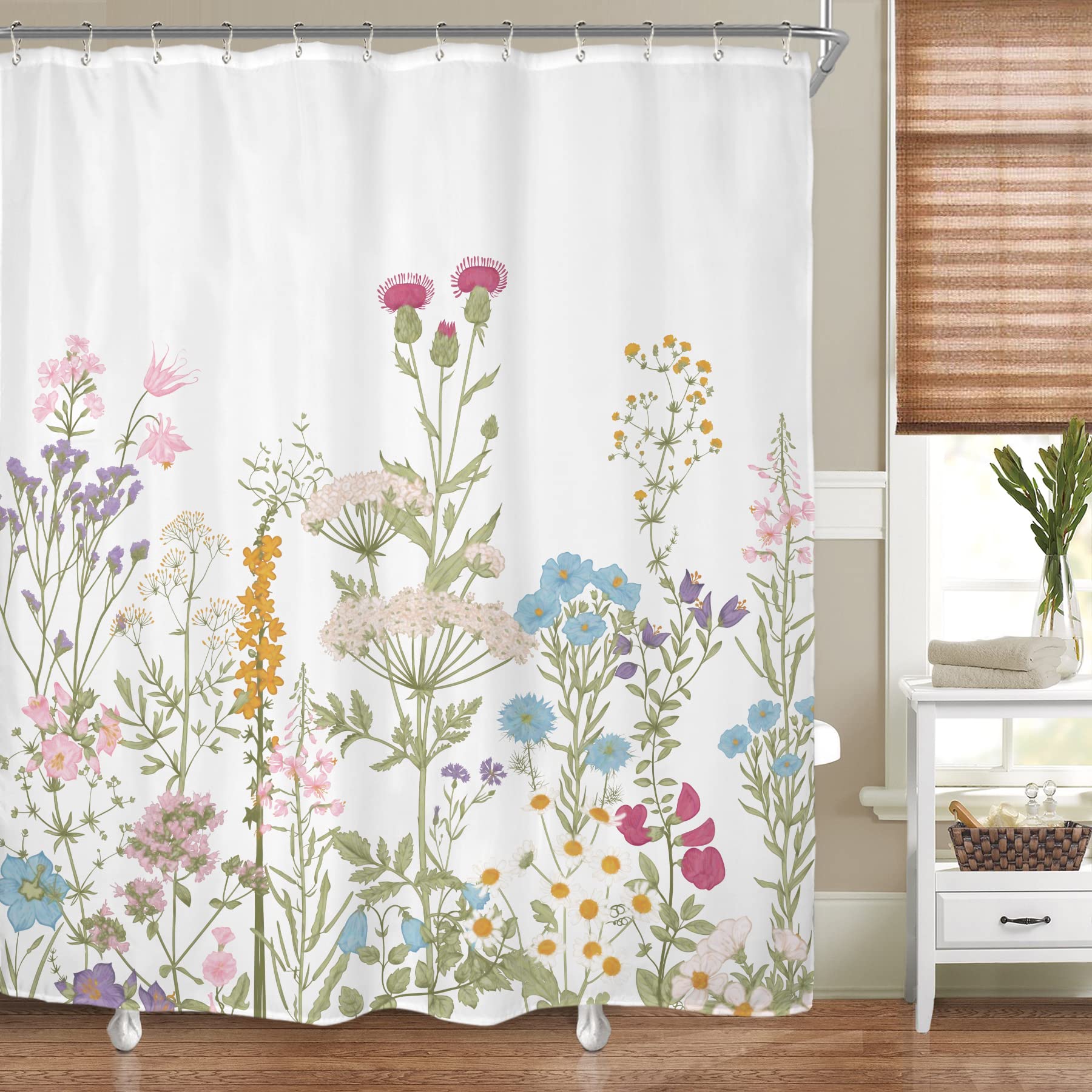 Riyidecor Wildflower Floral Shower Curtain For Bathroom Accessories 60Wx72H Inch Watercolor Flower Plant Botanical Herbs Spring