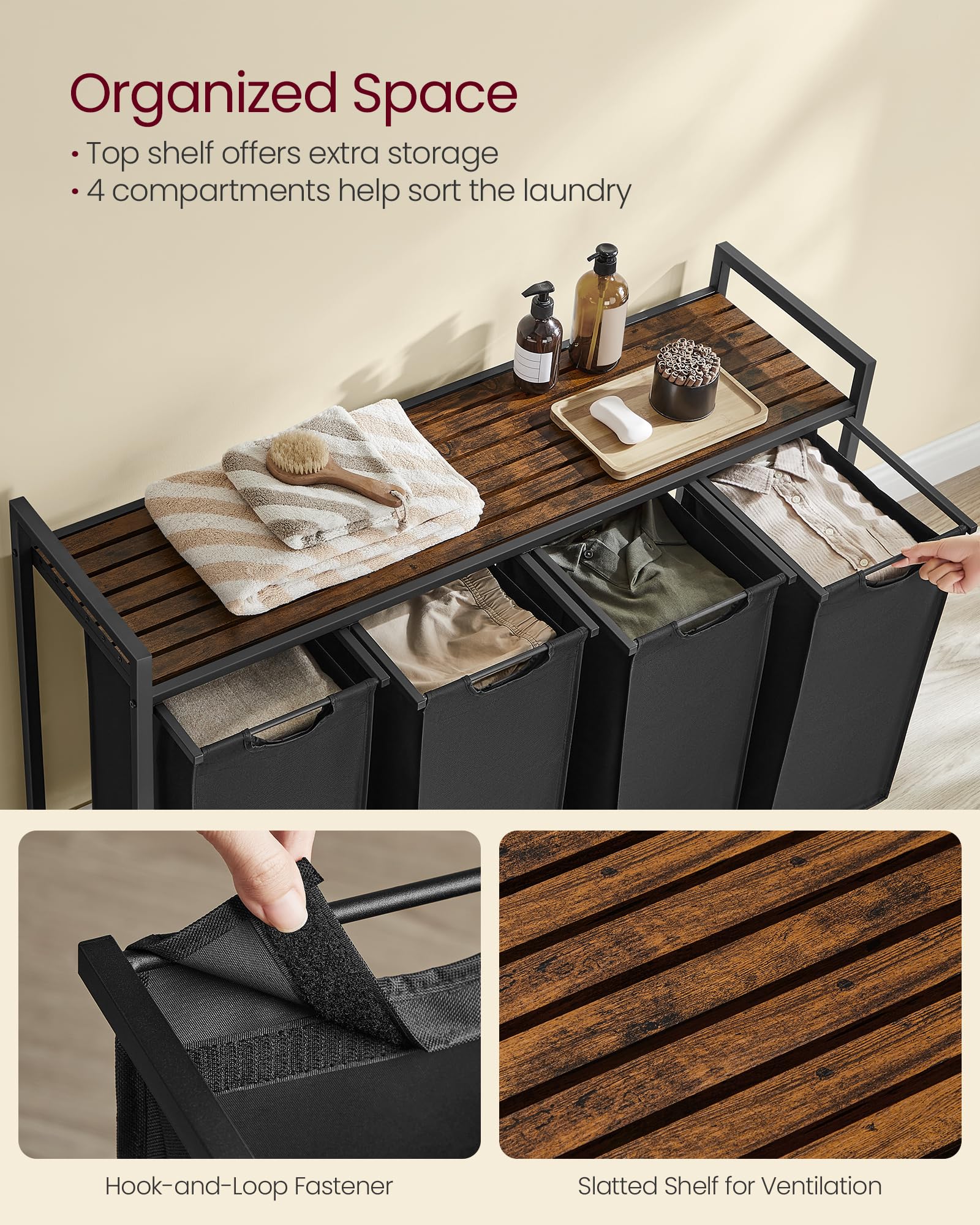 Vasagle Laundry Hamper, Laundry Basket, Laundry Sorter With 4 Pull-Out And Removable Bags, Shelf, Metal Frame, 4 X 10.6 Gallons