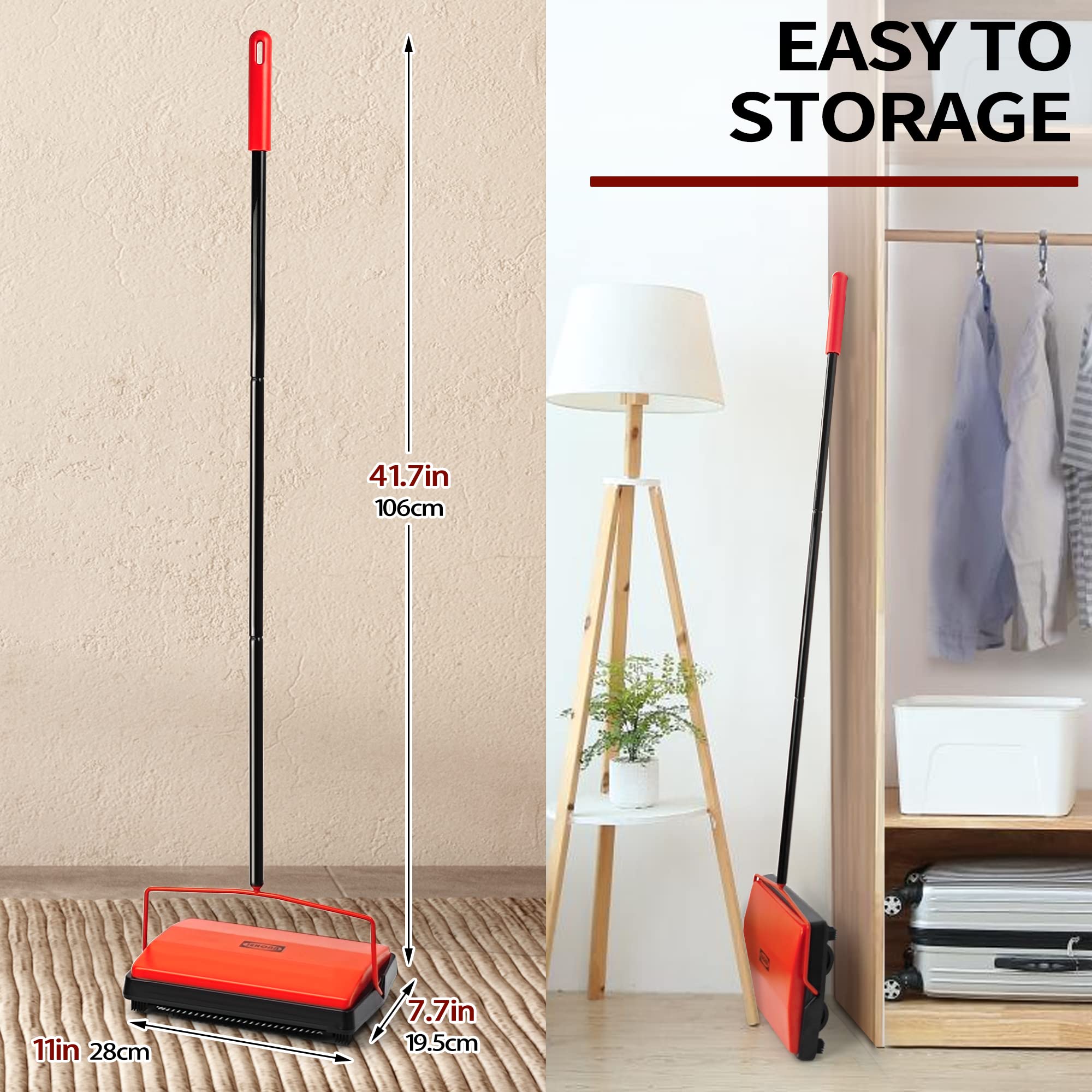 JEHONN Carpet Floor Sweeper Manual, Non-Electric, Horsehair Brush for Pet Hair & Debris, Model CS-01, Red