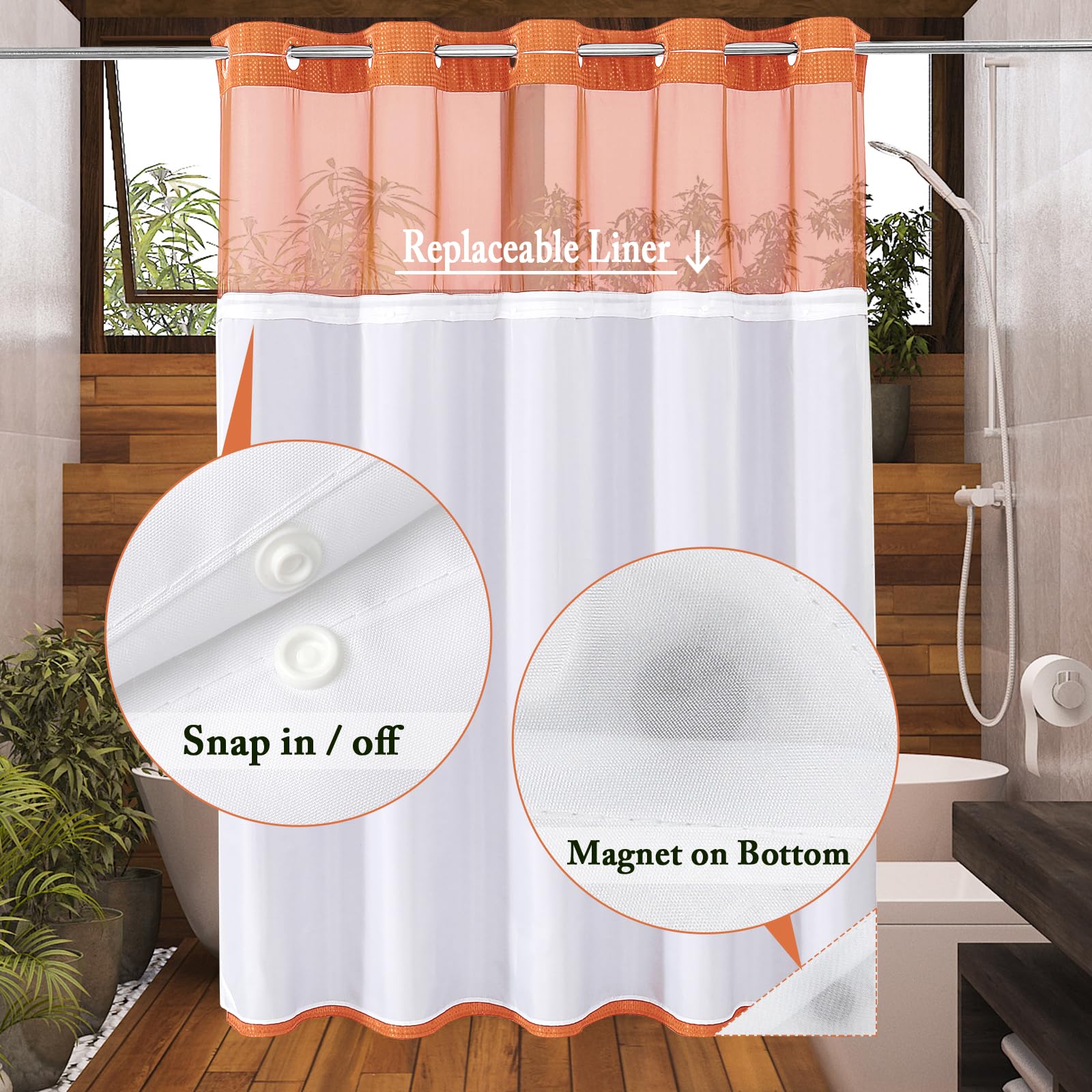Gibelle Long Shower Curtain 72X80, Waffle Weave Bathroom Shower Curtain With Snap-In Fabric Liner Set, No Hooks Needed, Hotel St