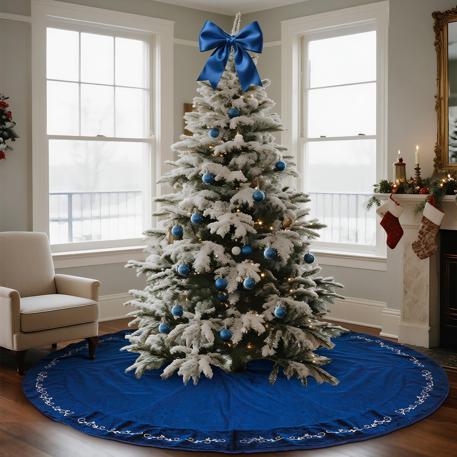 HyDren 84 Inch Christmas Velvet Tree Skirt Gold Bronzing Embroidery Christmas Tree Decorations Vintage Party Favors Rustic Holid