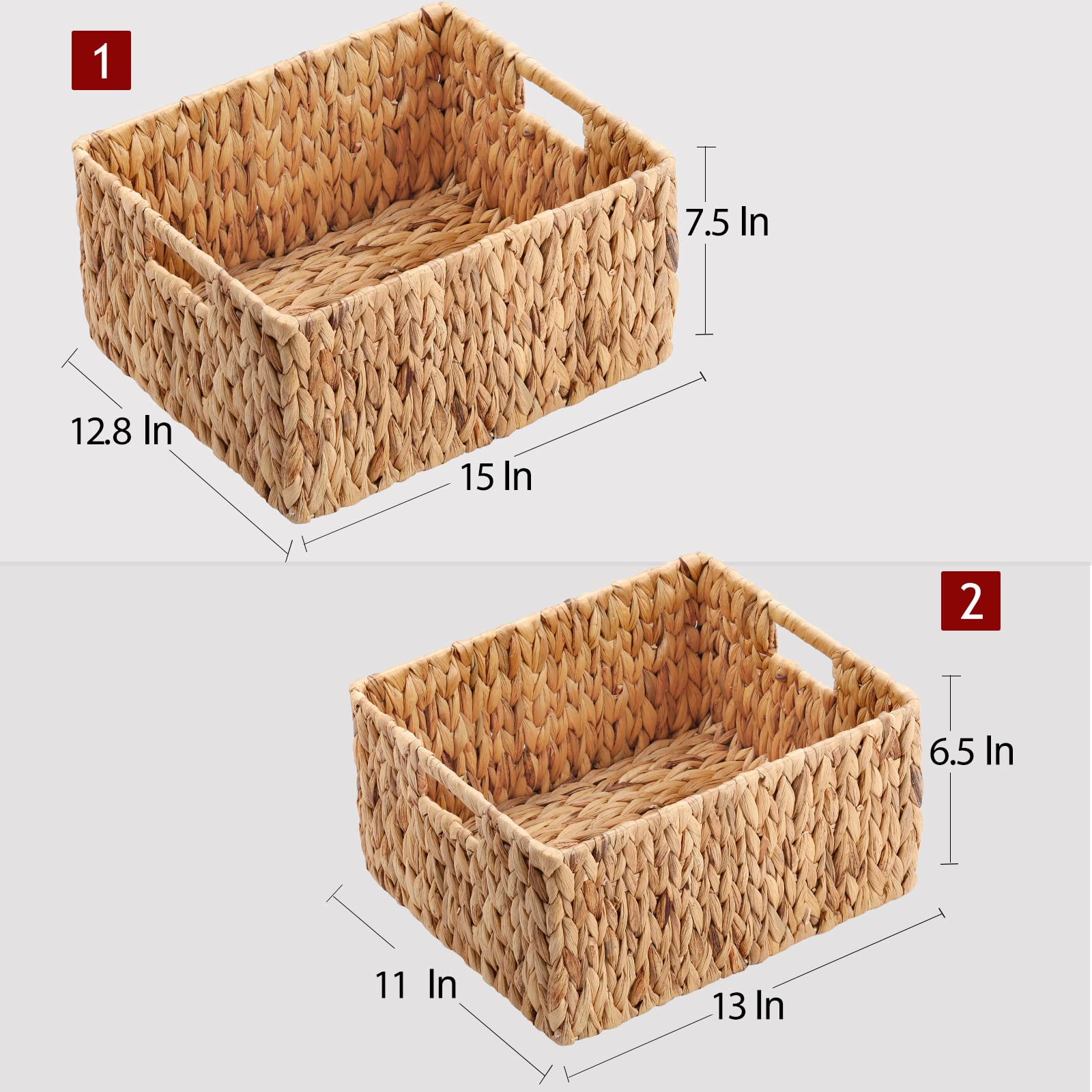 HOONEX Water Hyacinth Storage Baskets  Wicker Baskets for Organizing  Hand Woven Baskets with Carry Handles  Set of 2  Natural