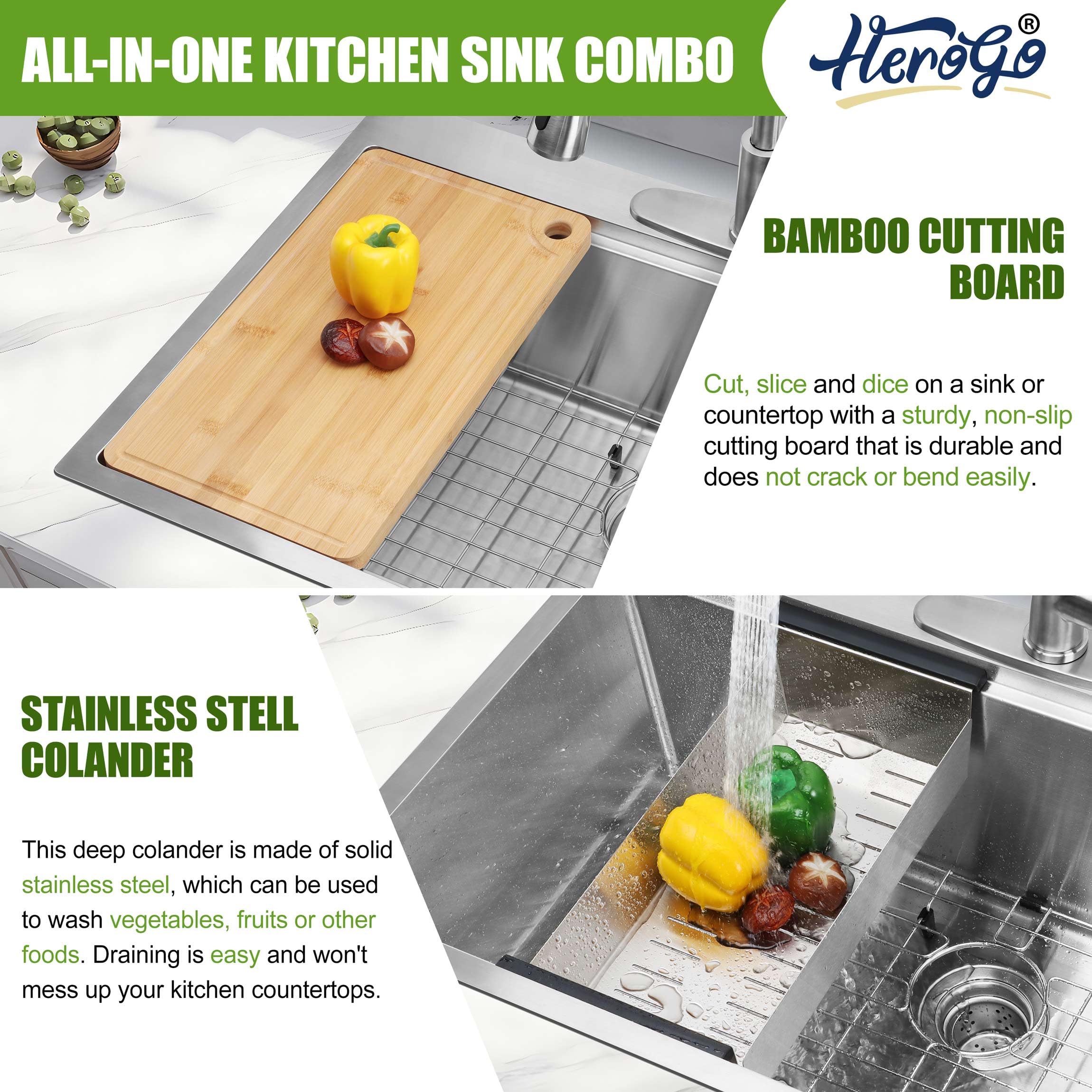 Herogo 33X22Inch Drop In Kitchen Sink With Kitchen Faucet, 18/10 Stainless Steel Single Bowl Kitchen Workstaion Sink, Topmount H