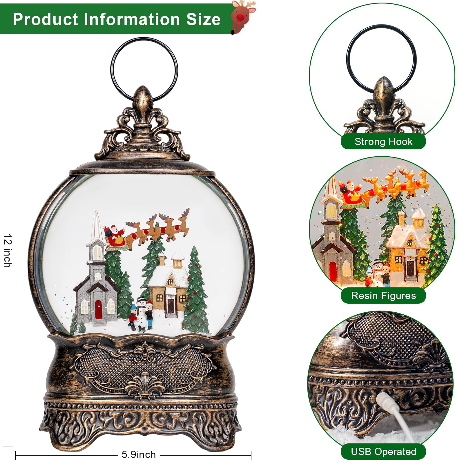 Christmas Snow Globes Lantern Snow Globe with Music Water Lantern Santa Flying Scene Elk Lighted Swirling Water Glitters Snowglo