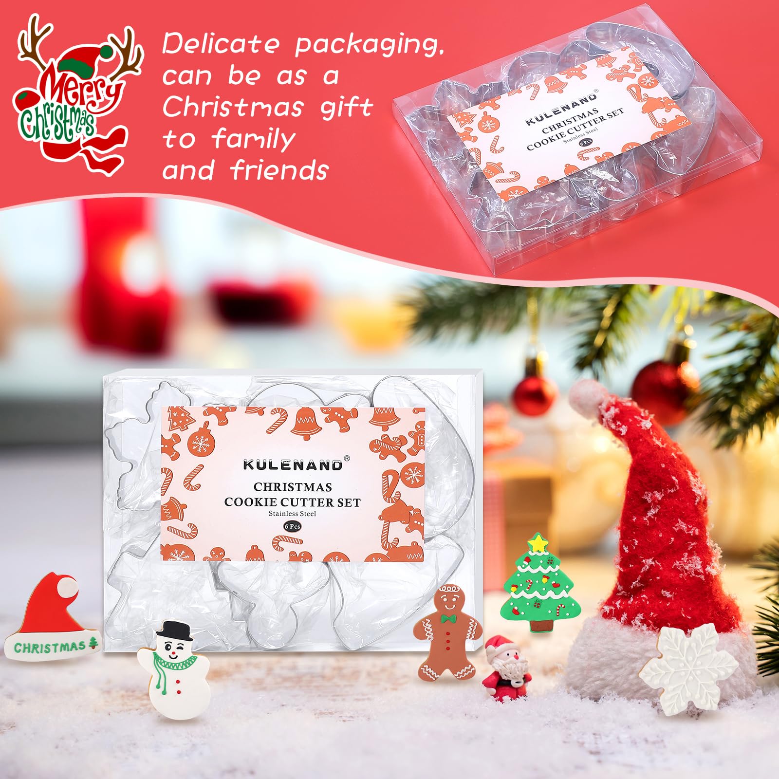 KULENAND Large Stainless Steel Christmas Cookie Cutters - 6 Pcs 4 Inch Holiday Molds in Silver - Tree, Santa Hat, Snowman & More
