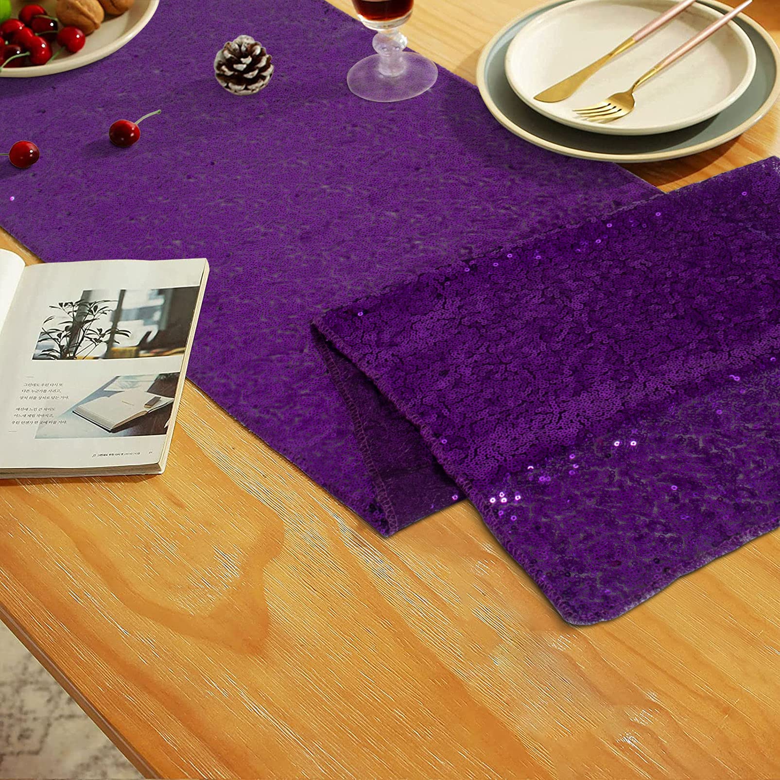 Amzlokae Sequin Table-Runner-Purple 2Pack Wedding Table Runner-12X120 Inch Purple Table Runners For Decoration Rectangle Glitter