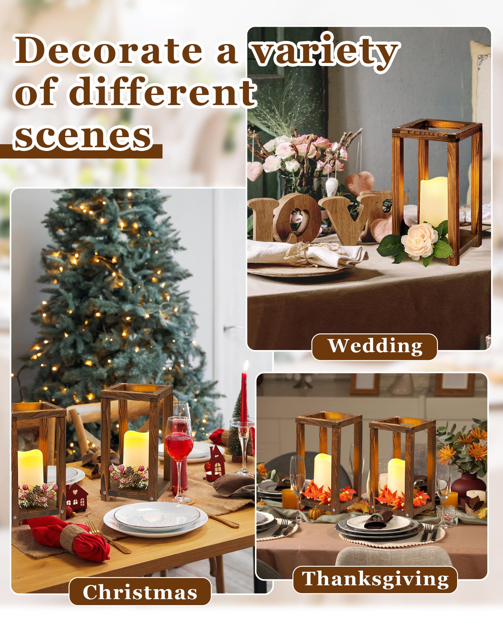 Huquary 16 Pcs Lantern Wedding Centerpieces Includes 8 Rustic Wooden Wedding Lantern Centerpiece for Decorative Candle and 8 Fla