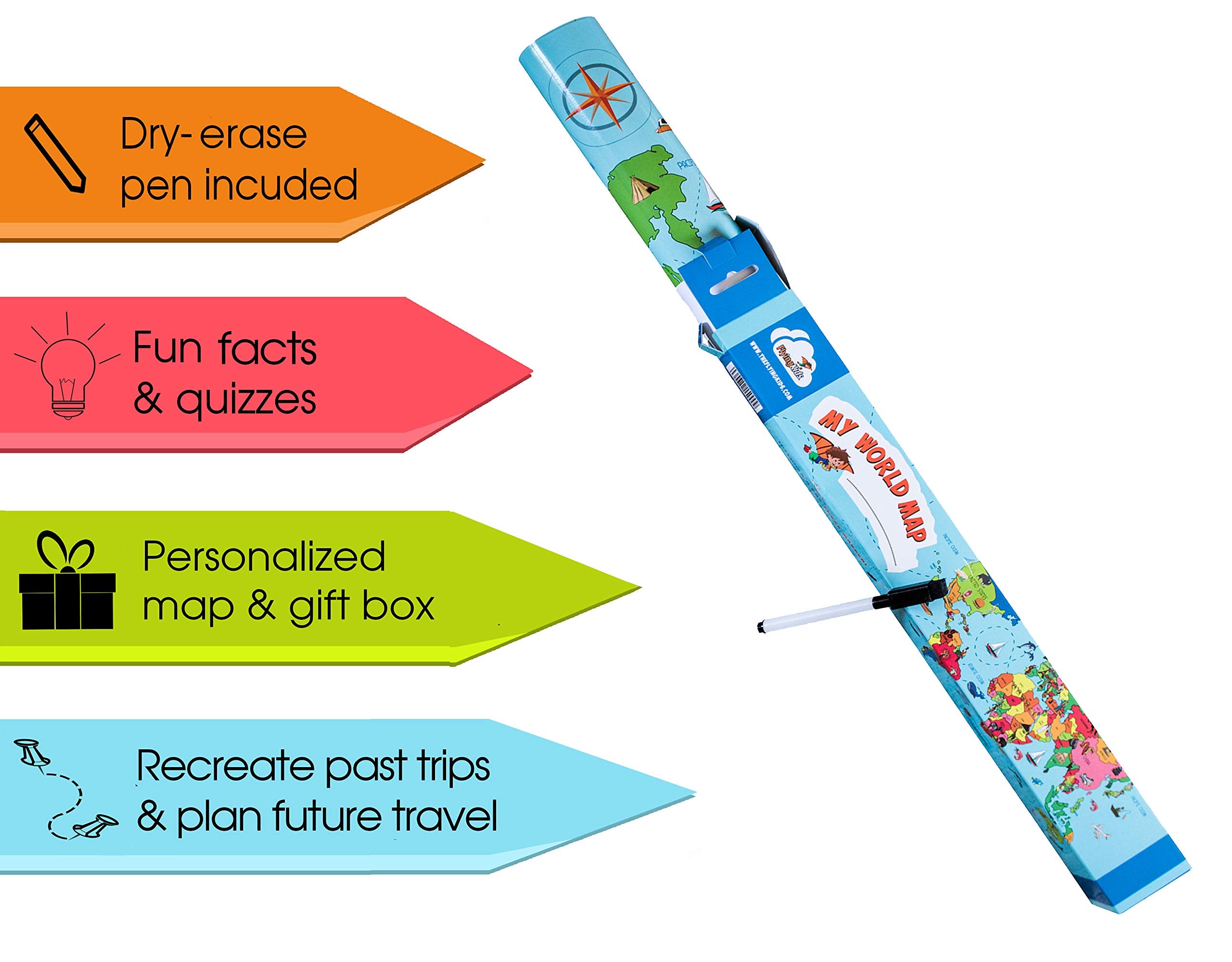 Flyingkids World Map Poster For Kids. Educational, Interactive, Personalized, Laminated Nursery Wall Art That Grows Up With Kids